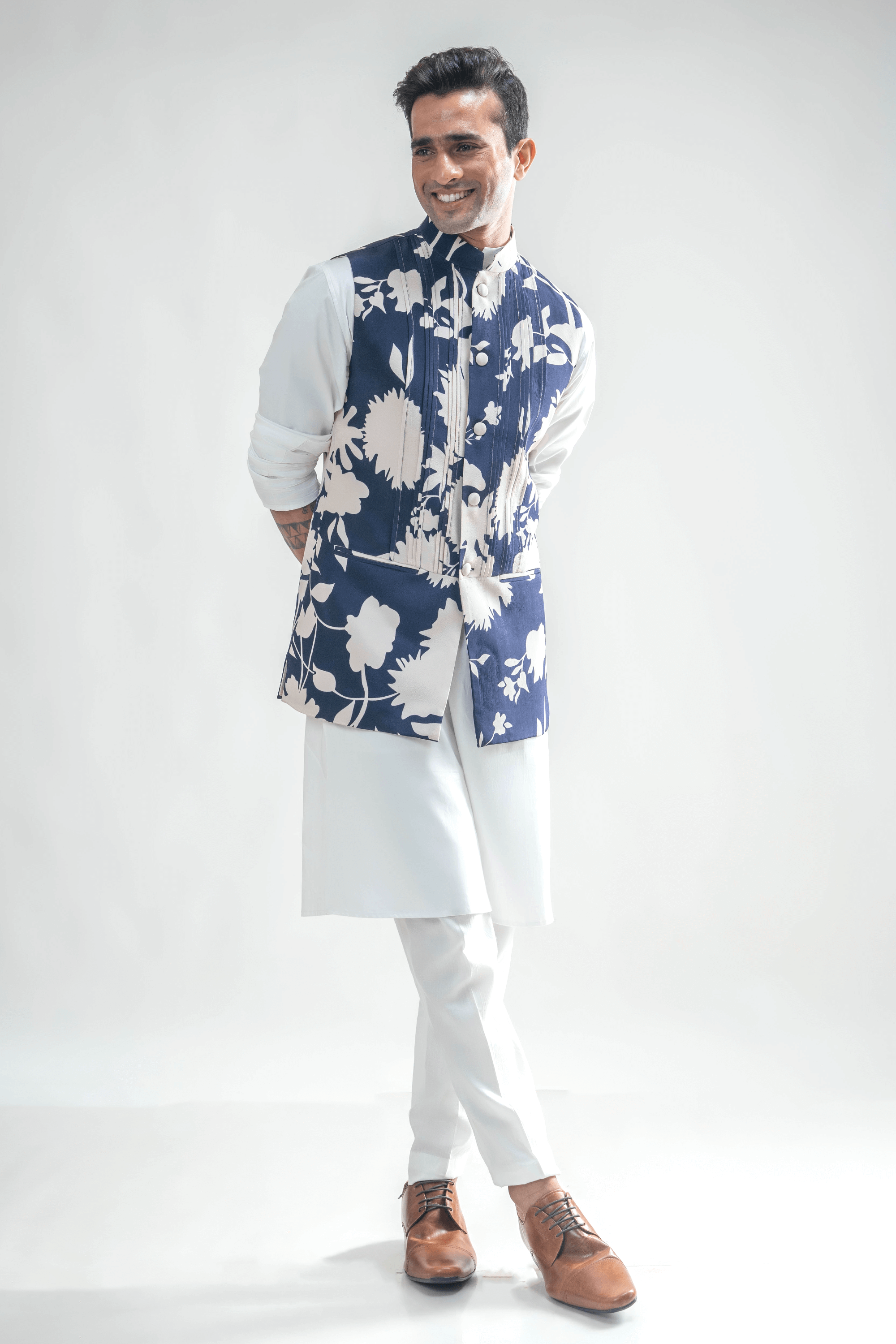 Blue Floral Pintucks Half Jacket
