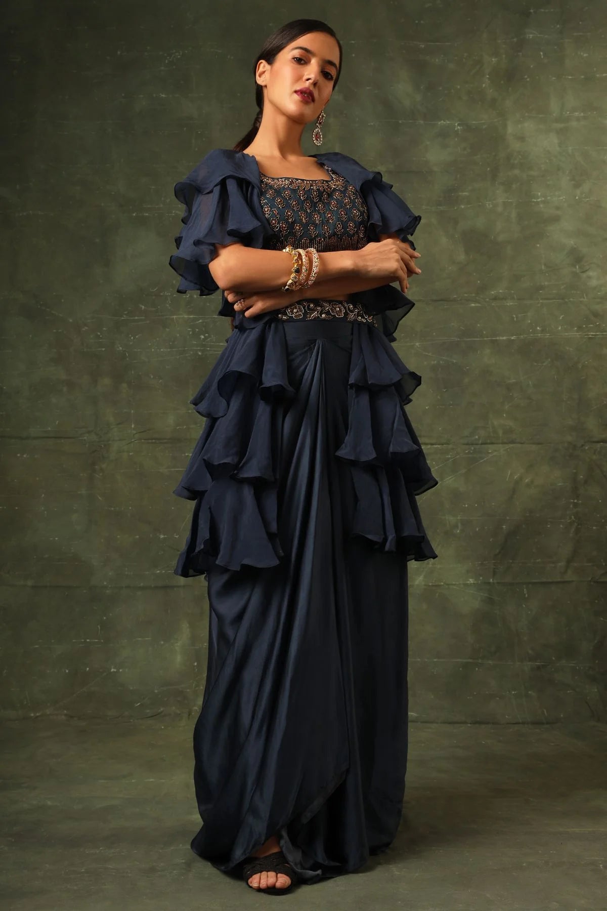 Blue Ajrakh Blouse And Layered Jacket With Embroiderd Waisrband And Drape Dhoti