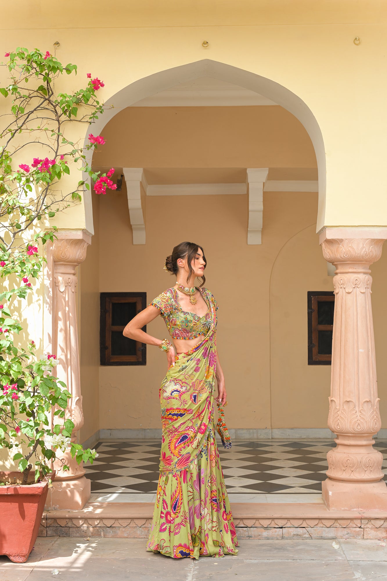 Olive Bloom Prestitched Highlight Saree with Highlight Blouse