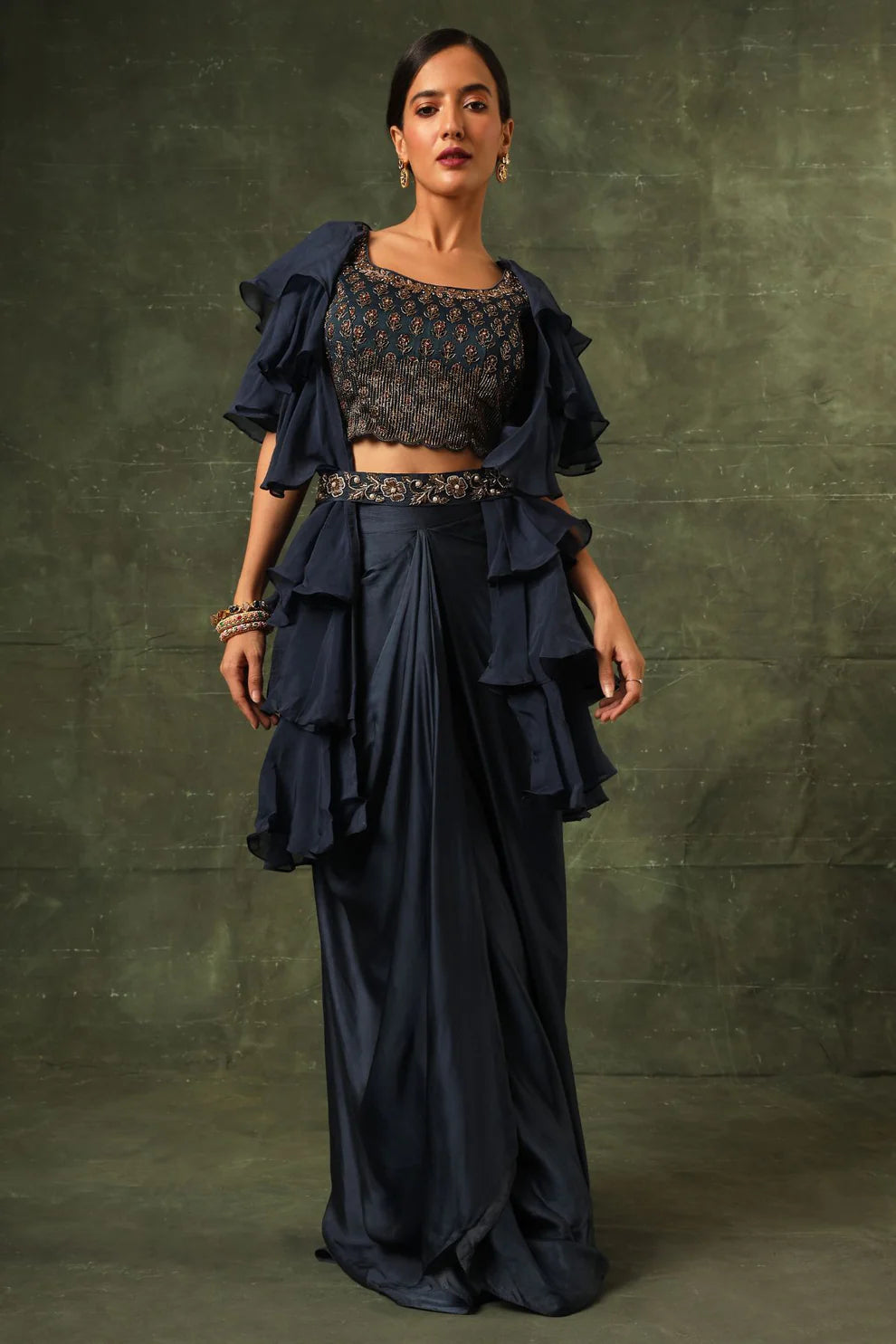 Blue Ajrakh Blouse And Layered Jacket With Embroiderd Waisrband And Drape Dhoti