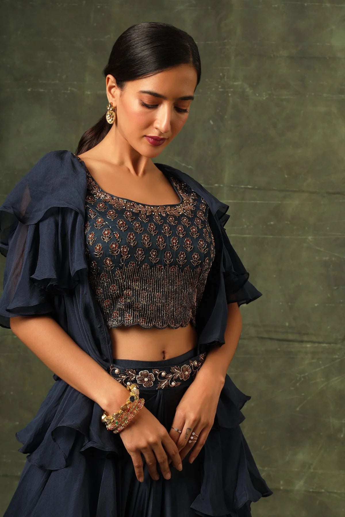 Blue Ajrakh Blouse And Layered Jacket With Embroiderd Waisrband And Drape Dhoti