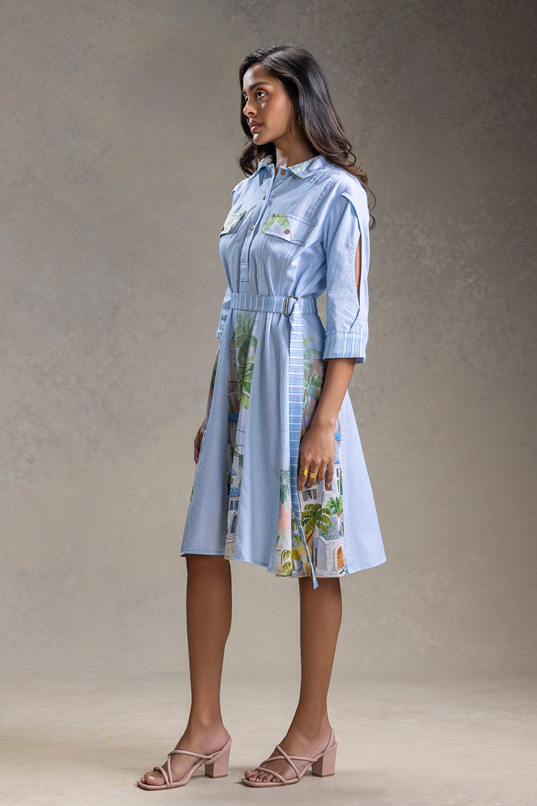 REVIERA PRINTED PANELED FLARED DRESS