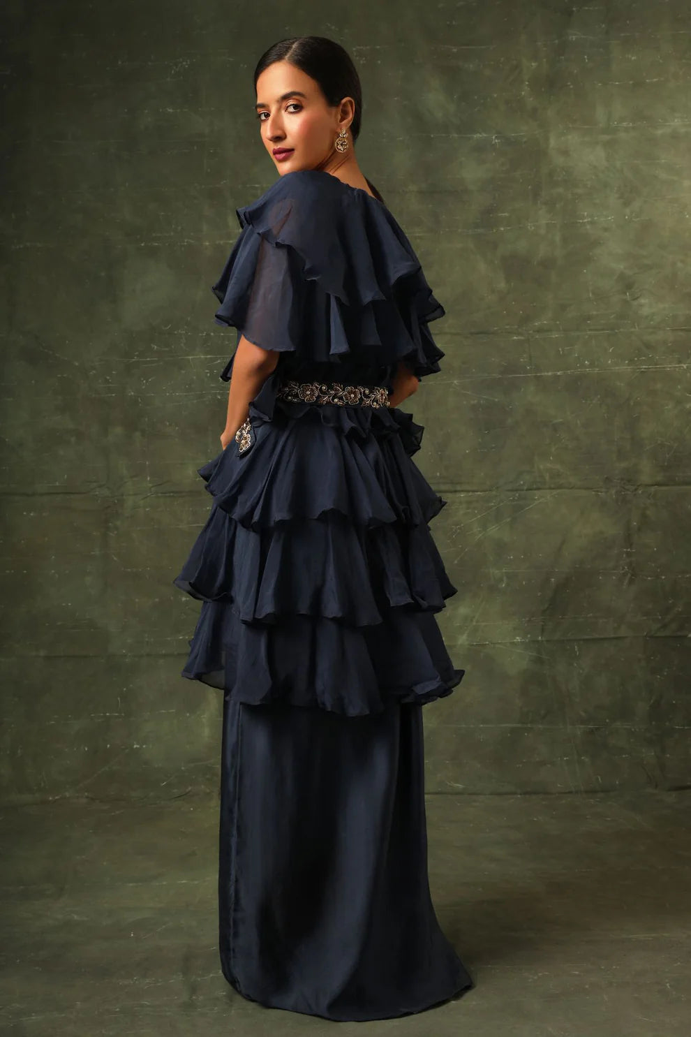 Blue Ajrakh Blouse And Layered Jacket With Embroiderd Waisrband And Drape Dhoti