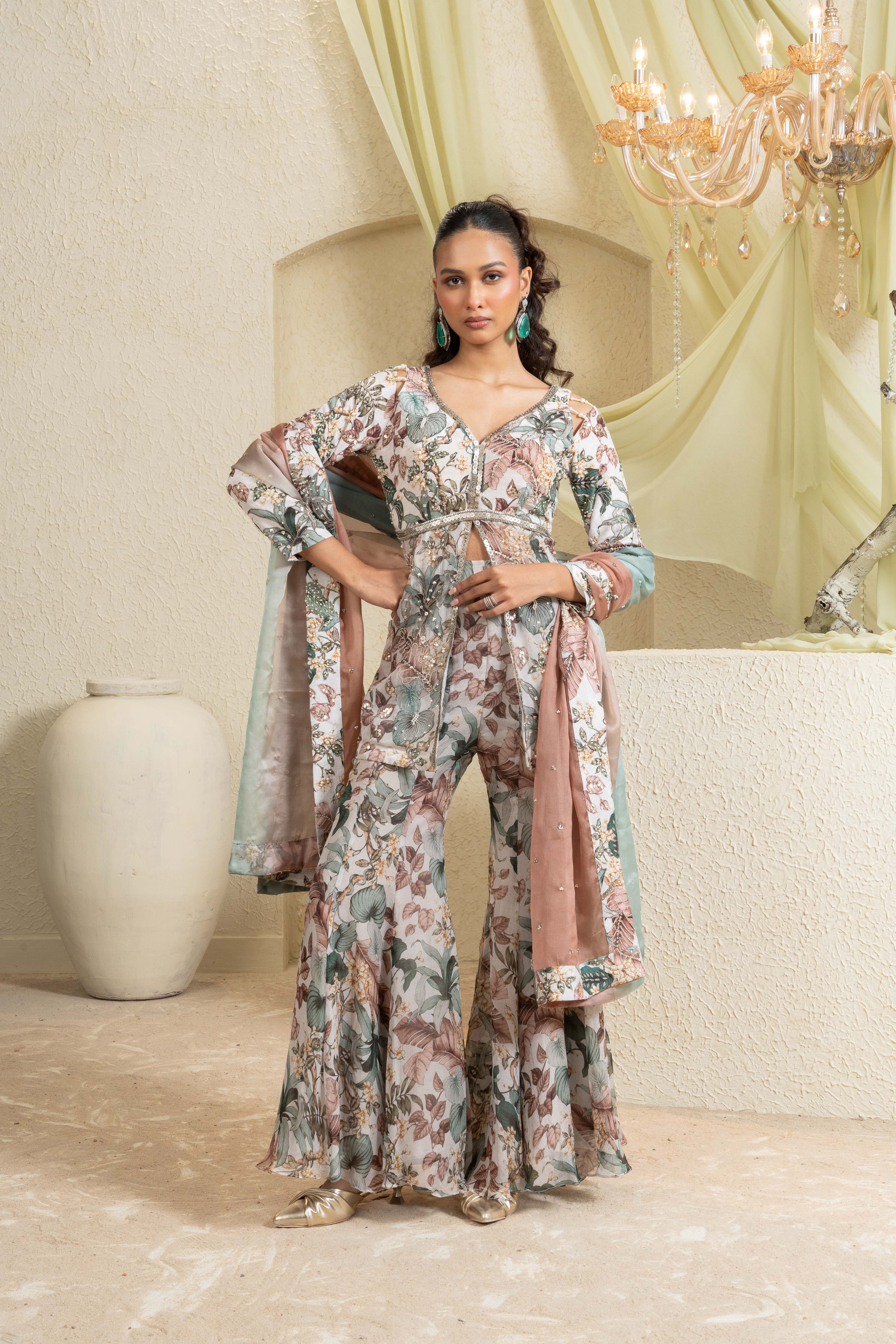Muted Garden Hand Embroidered Sharara Set