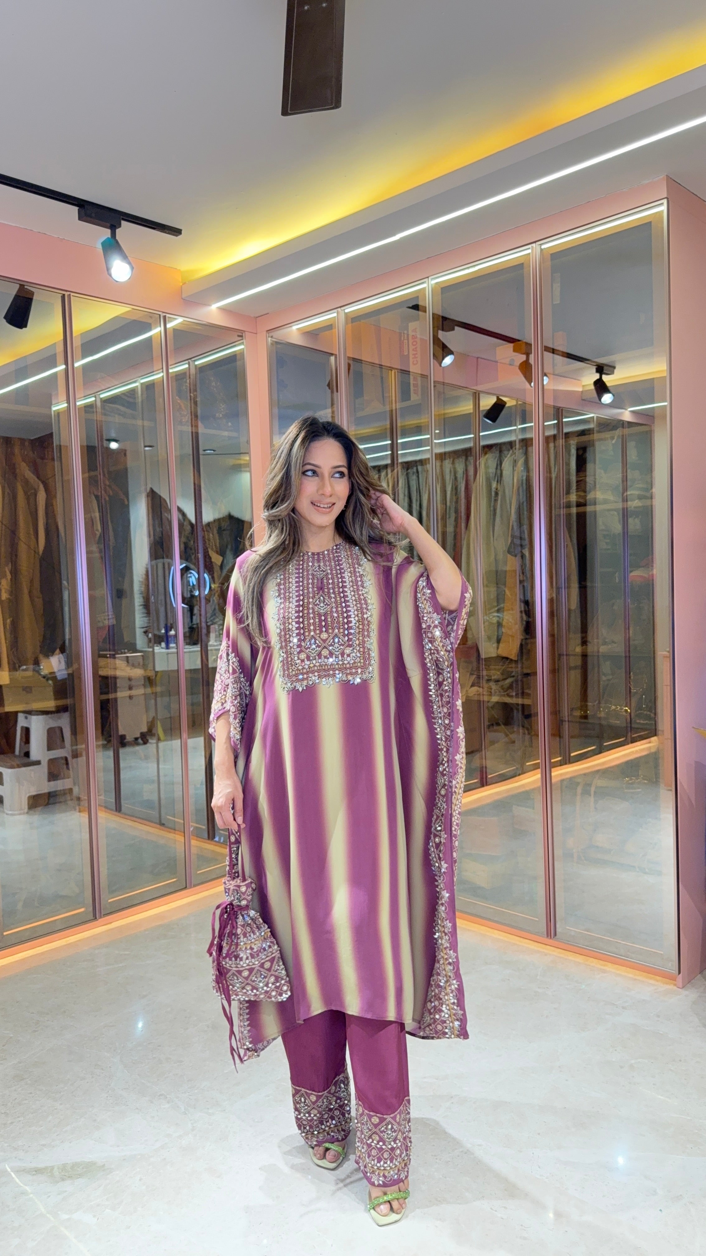 Aanchal Jain in Salma Sitara Black & Beige Kaftan Set