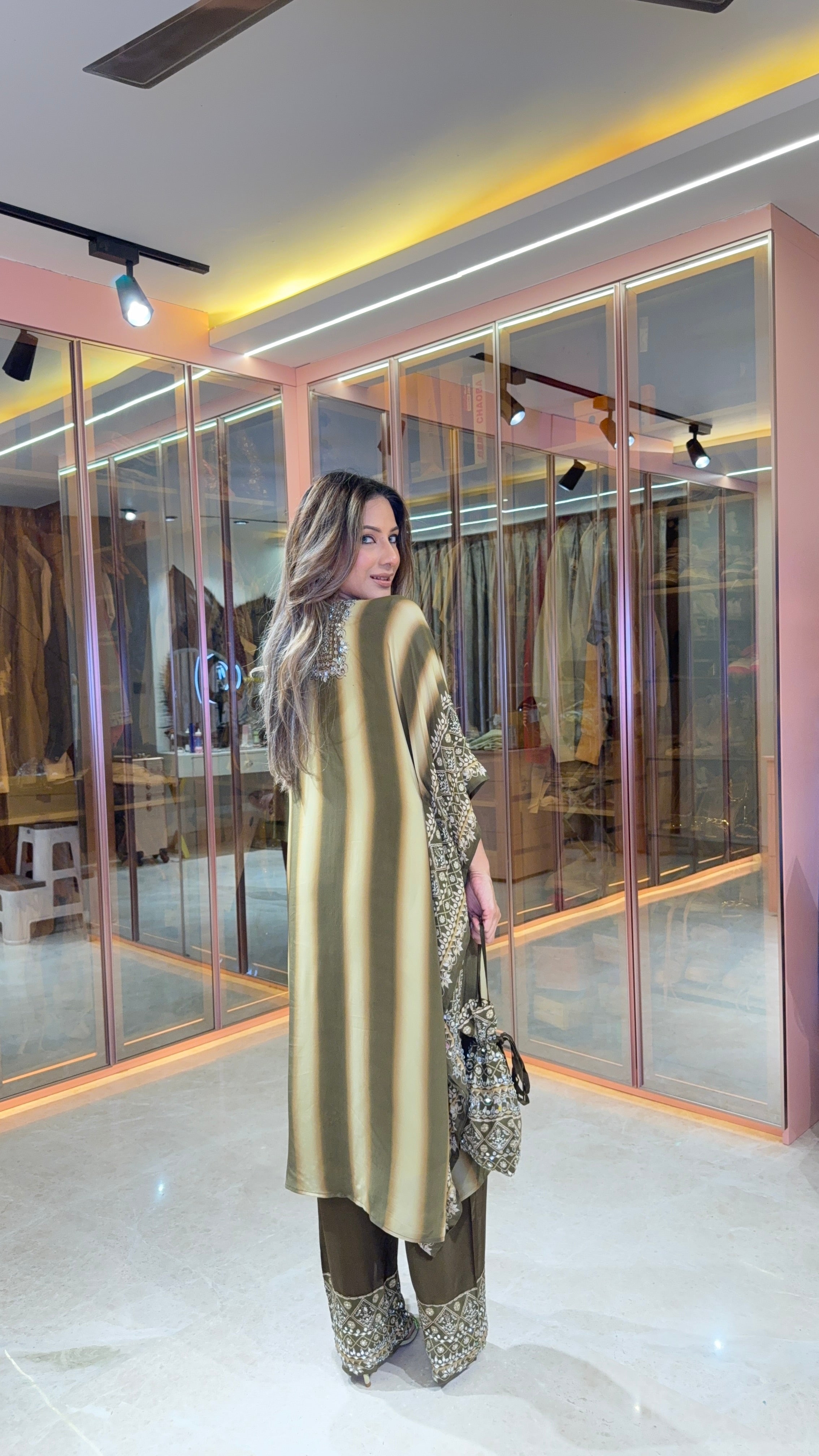 Aanchal Jain in Salma Sitara Black & Beige Kaftan Set