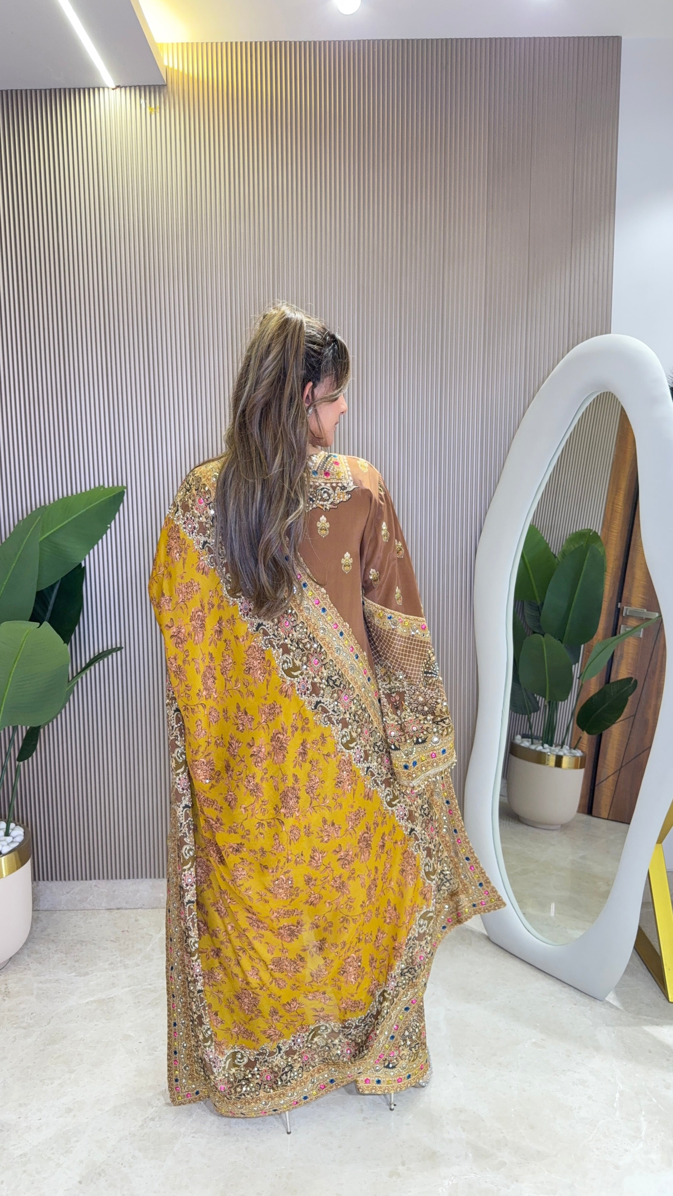 Rah Yellow - Brown Kurti with Farshi Salwar & Dupatta