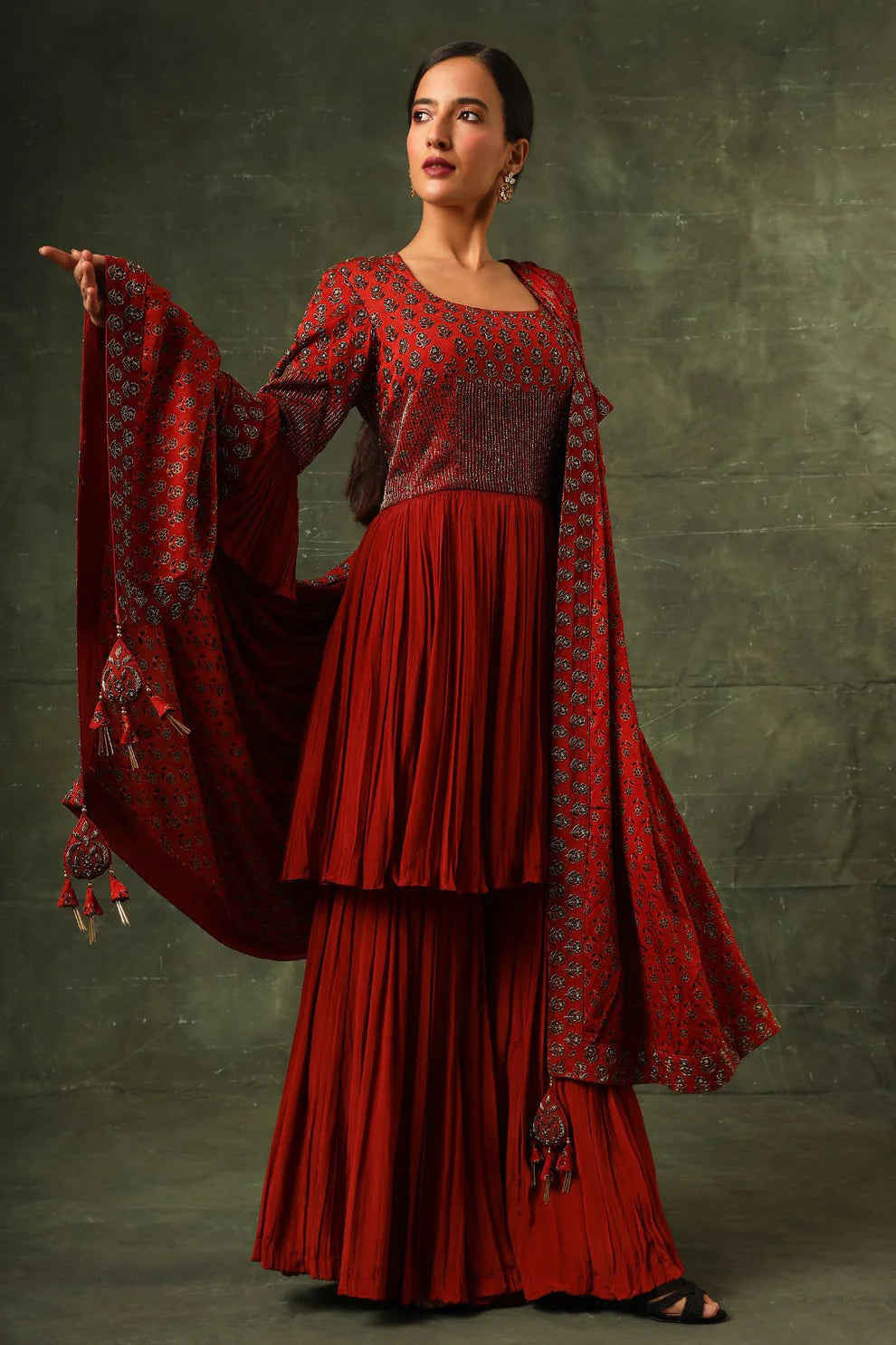 Red Ajrakh Gathered Kurta And Sharara With Ajrakh Dupatta