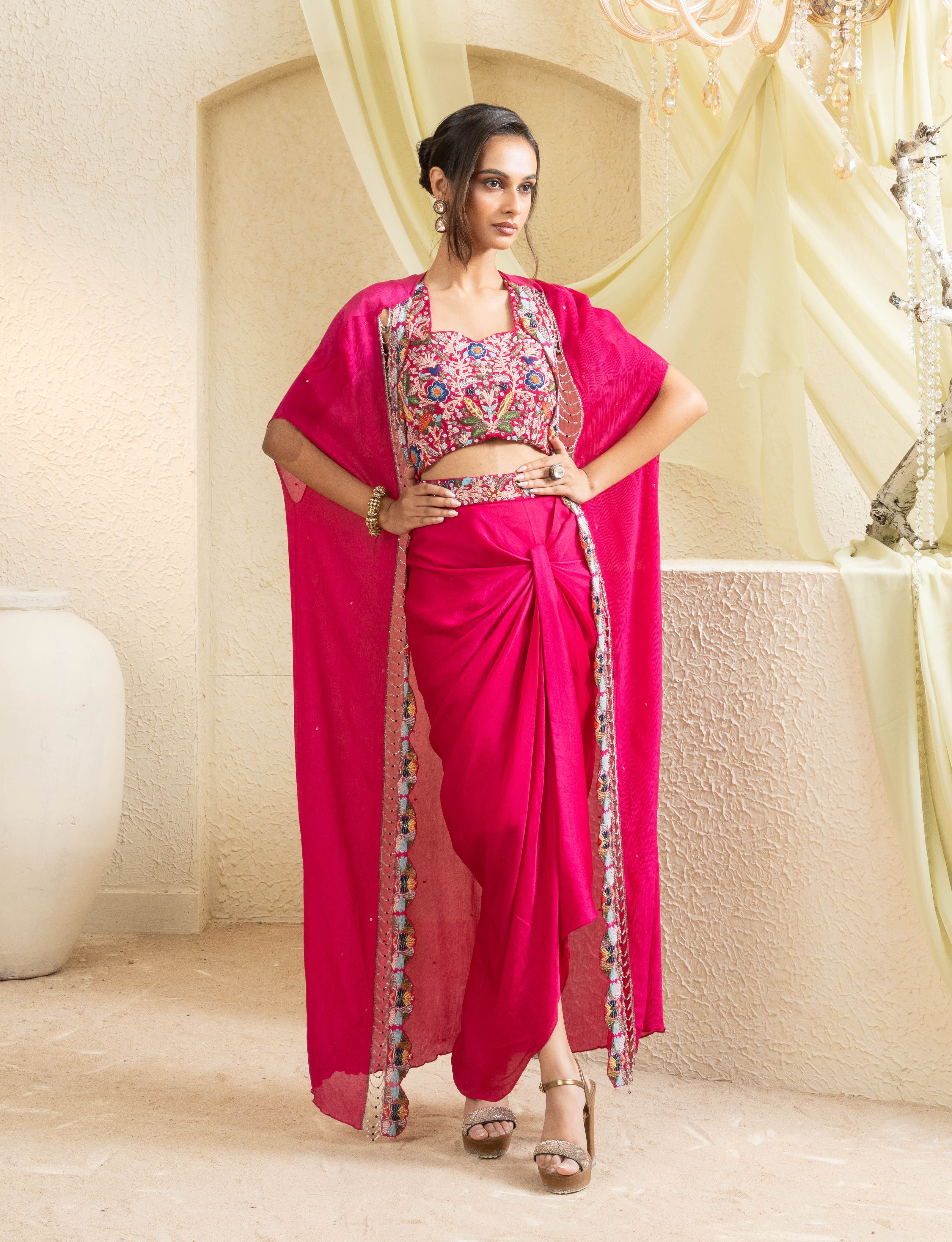 Fuchsia Bloom Embroidered Draped Skirt Set