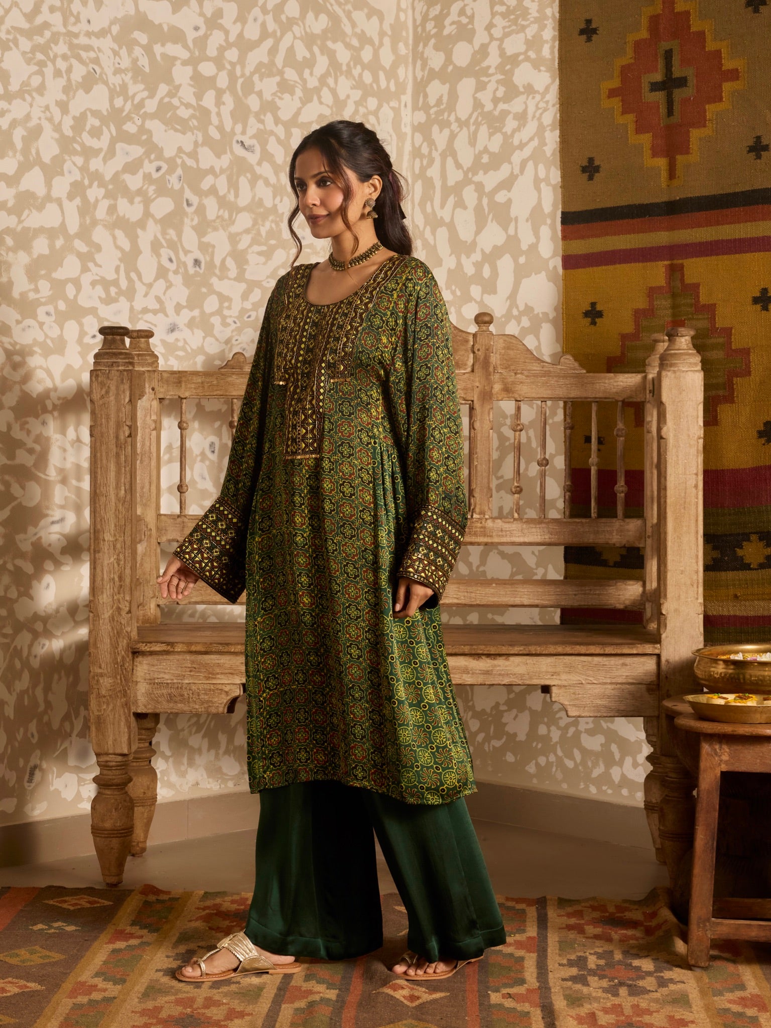 Ajrakh Long Kurta Wide Leg Pants Set