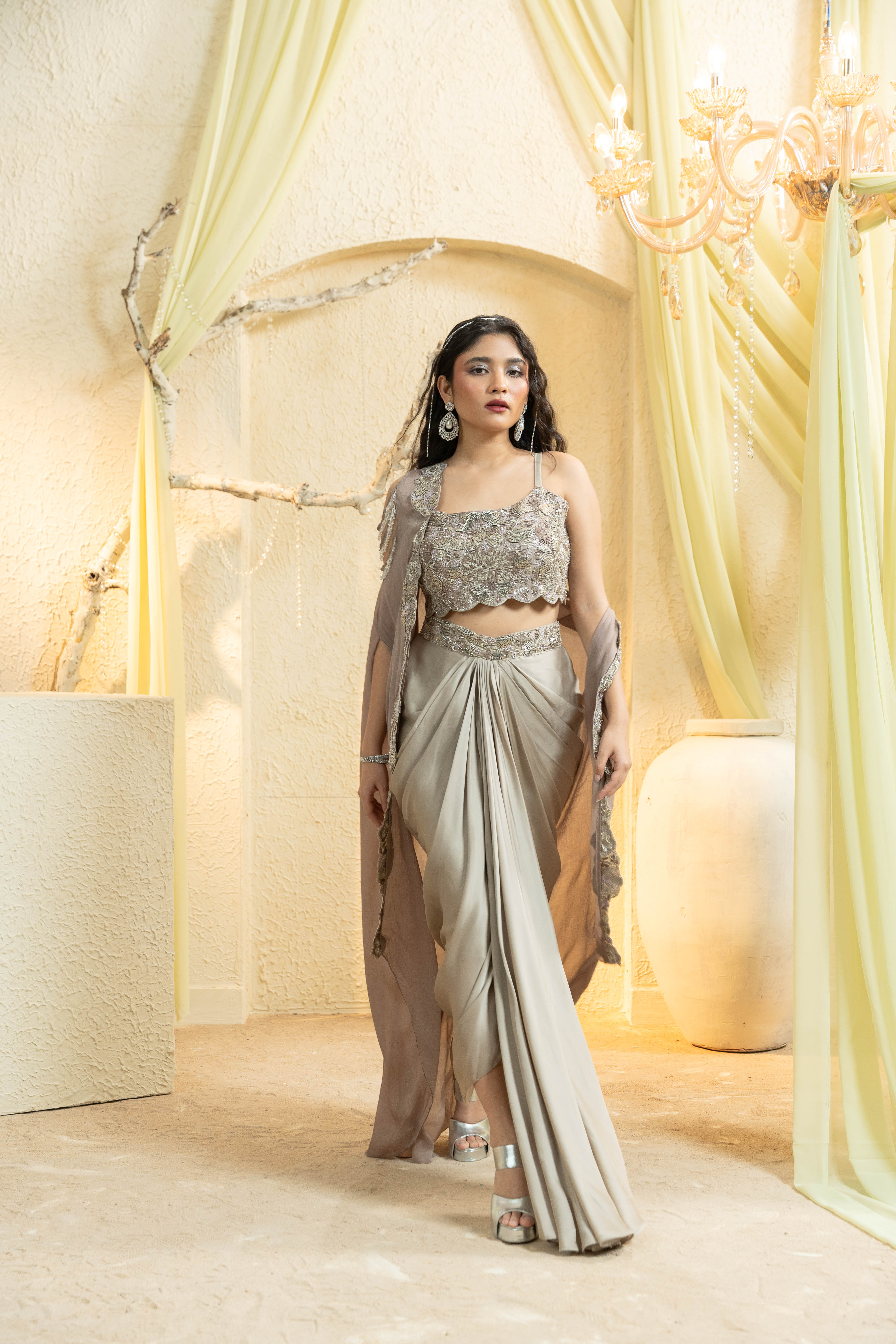 Shamsaad Begum Ivory Embroidered Draped Skirt Set