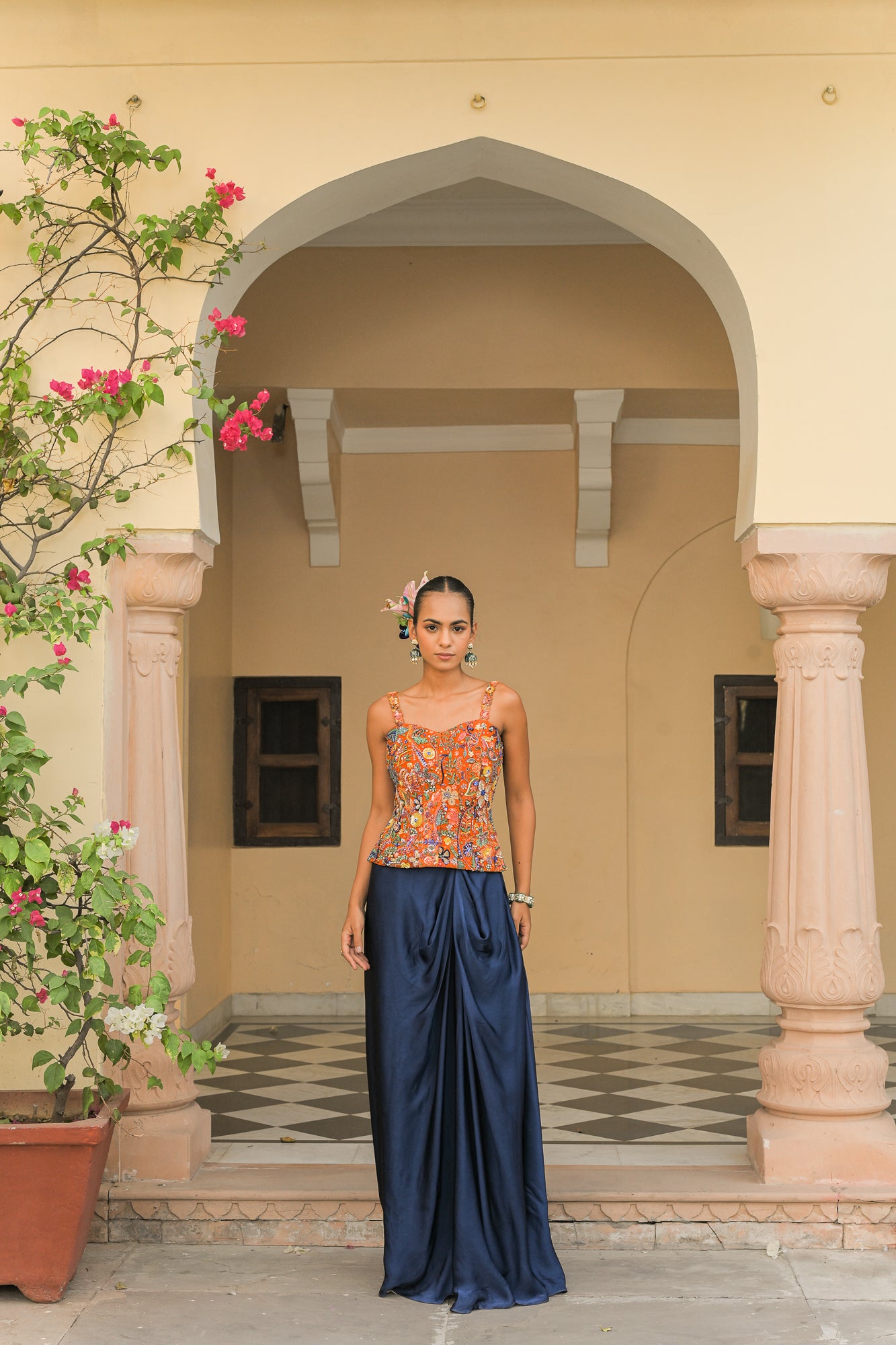 Amber Bloom Highlight Corset Paired with Navy Blue Cowl Skirt Set