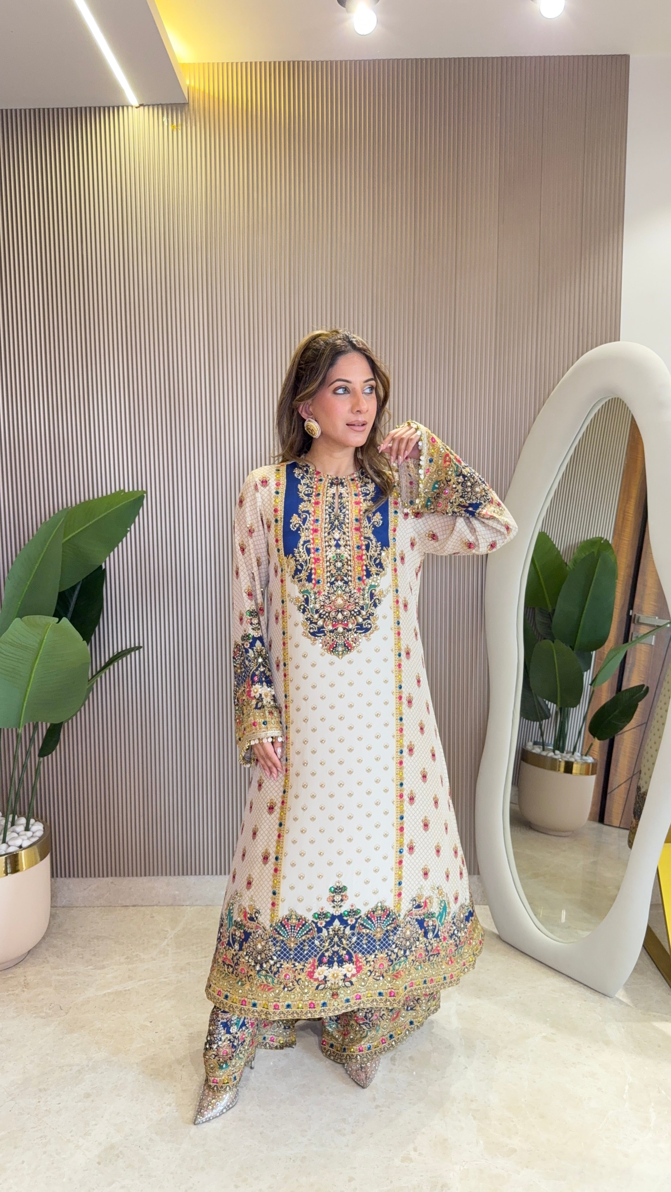 Rah Off White - Blue A line Kurta with Palazzo & Dupatta