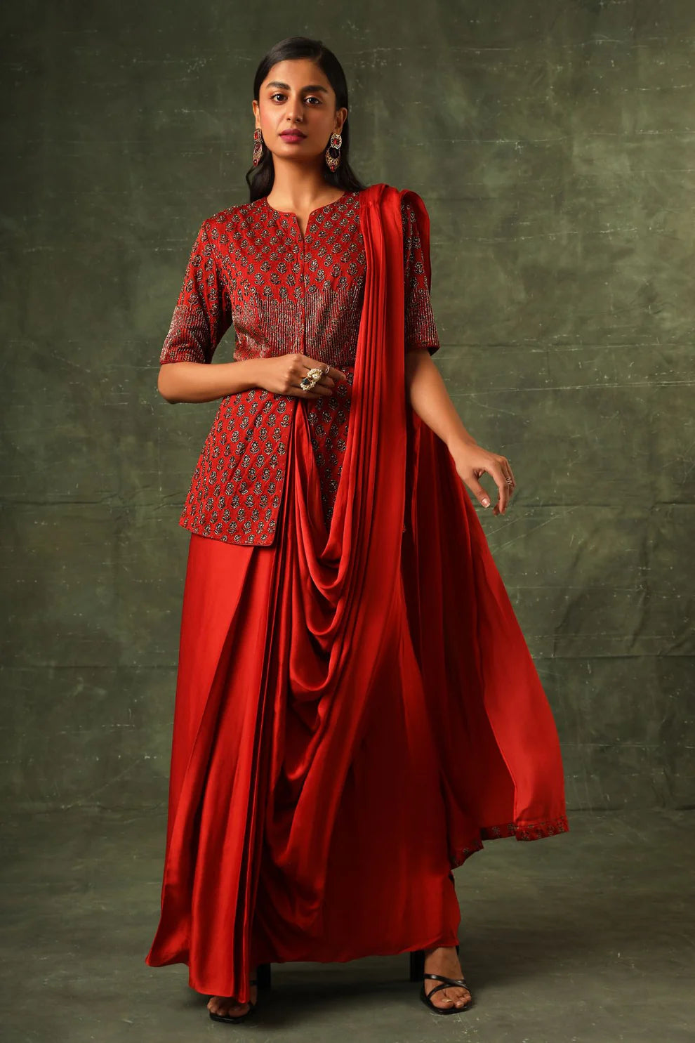 Red Ajrakh Gown Saree
