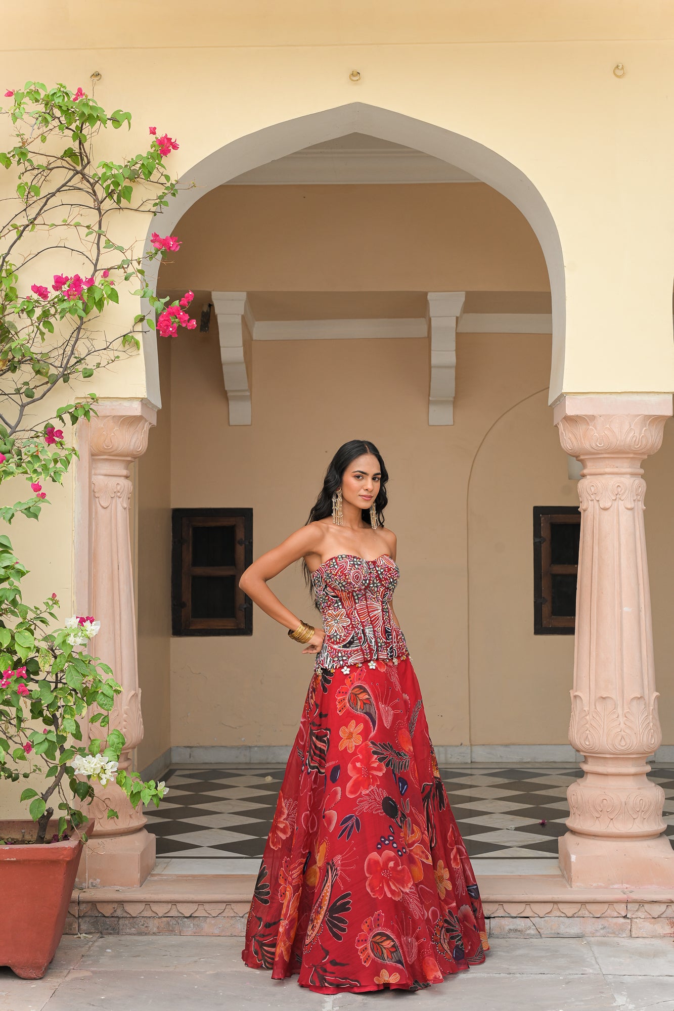Scarlet Bloom Lehenga with Embroidered Corset