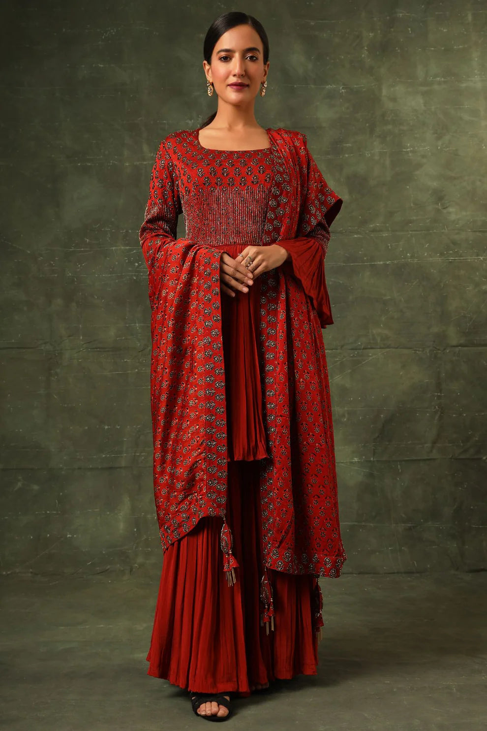 Red Ajrakh Gathered Kurta And Sharara With Ajrakh Dupatta