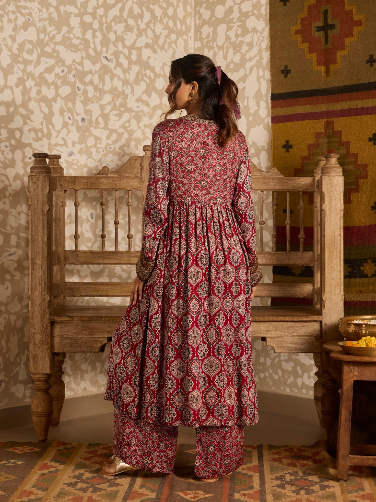 Ajrakh Red V-Neck Kurta Set