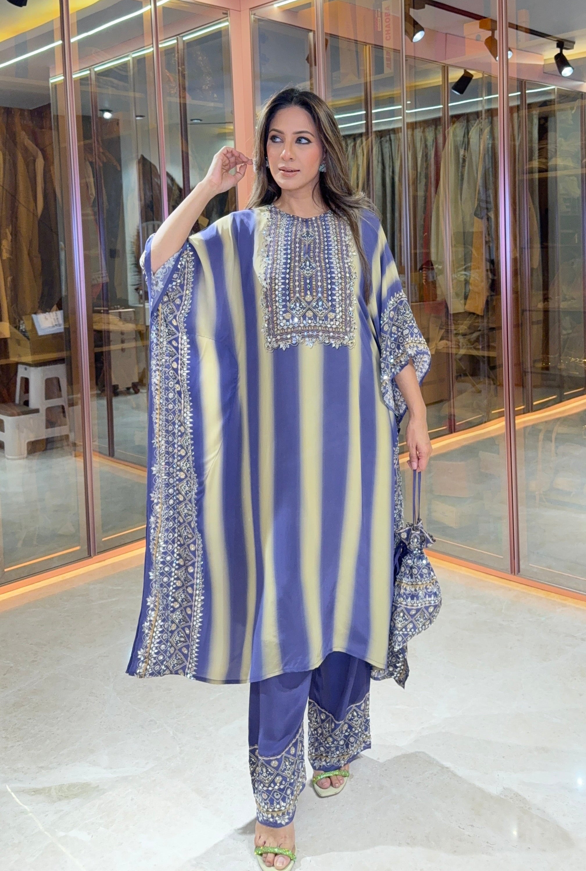 Aanchal Jain in Salma Sitara Black & Beige Kaftan Set
