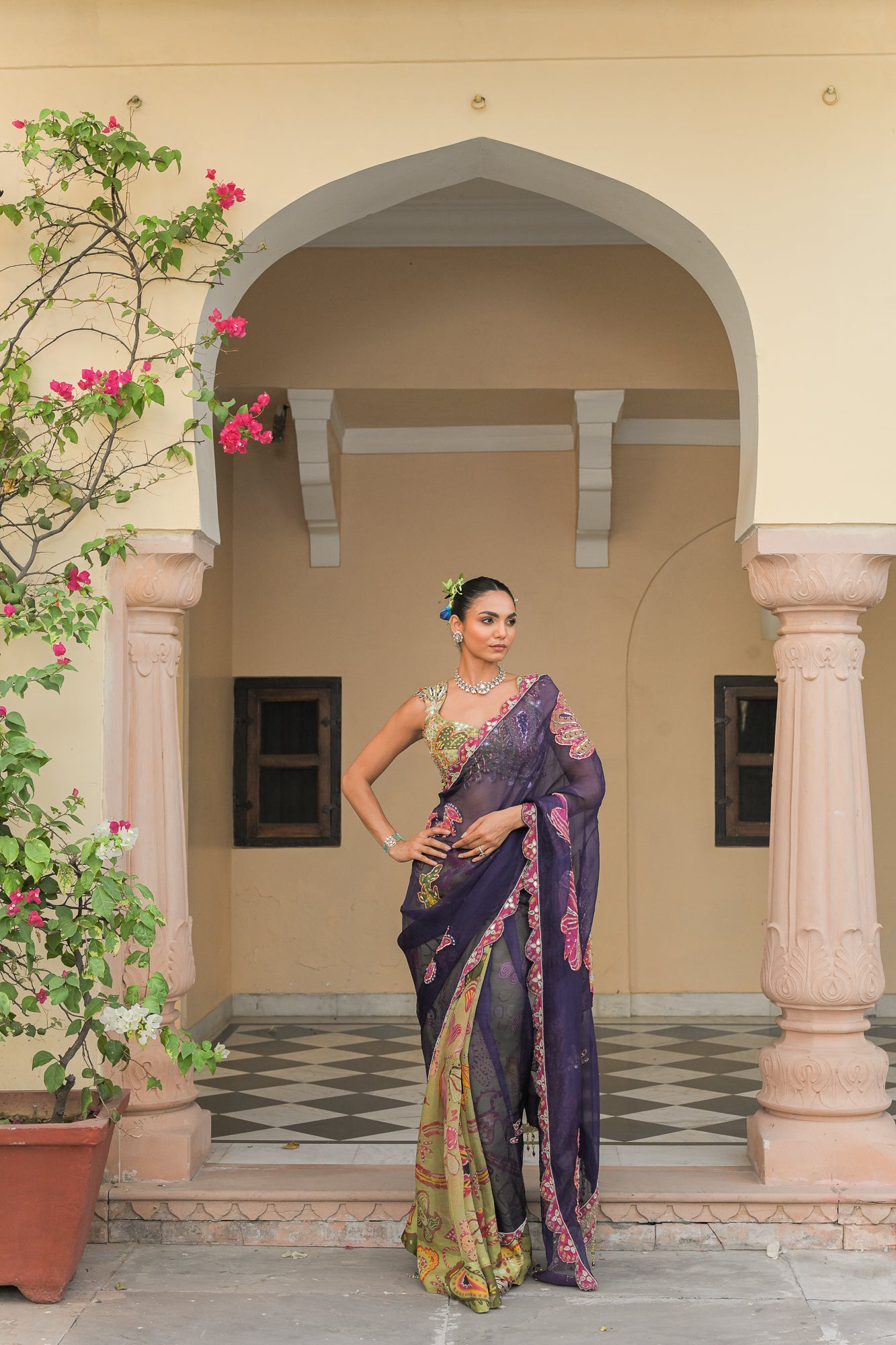 Violet & Olive Dual Saree Set with Patch Palla Mirror Work Highlight Blouse