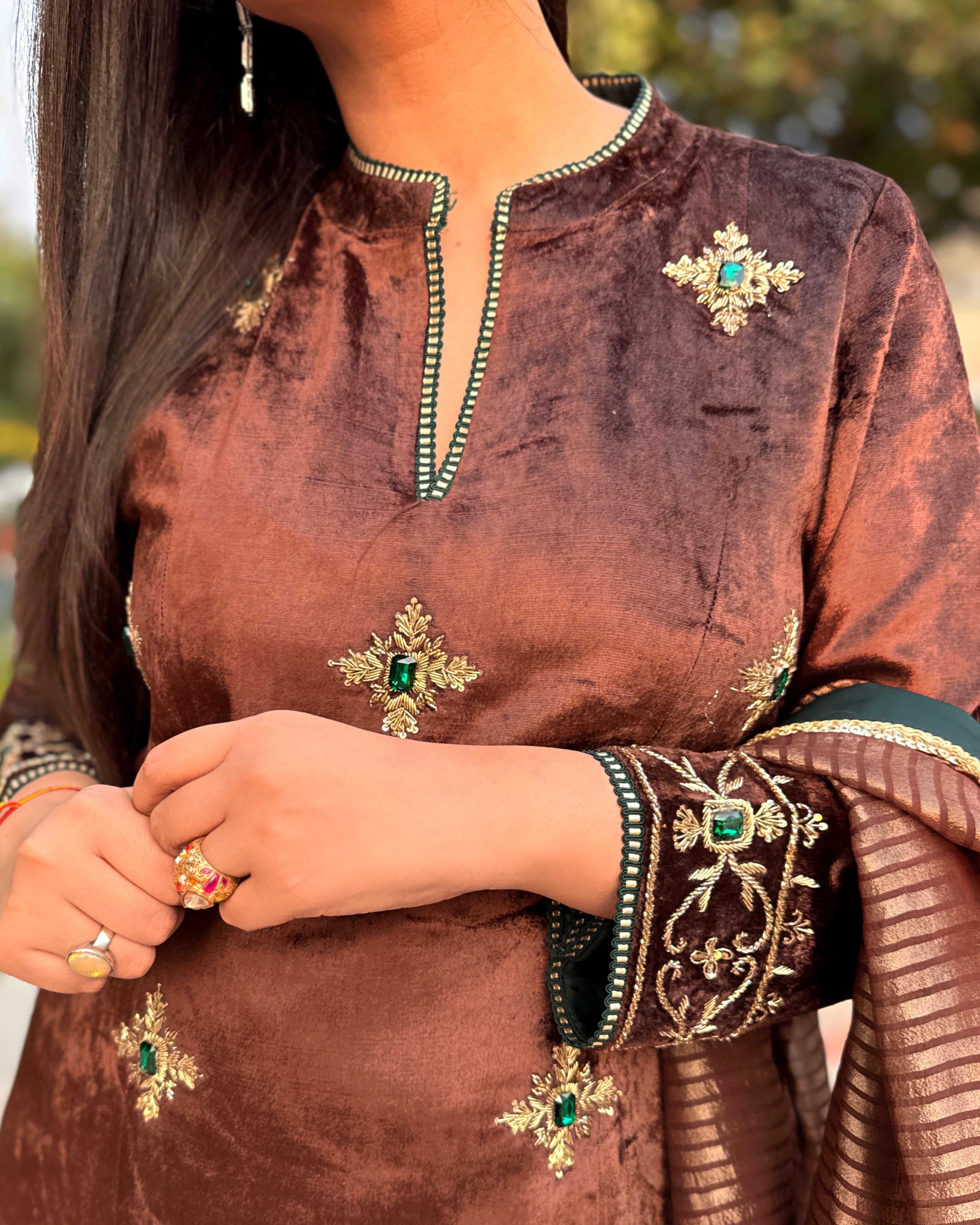 Mocha Hand Embroidered Velvet Straight Kurta Set