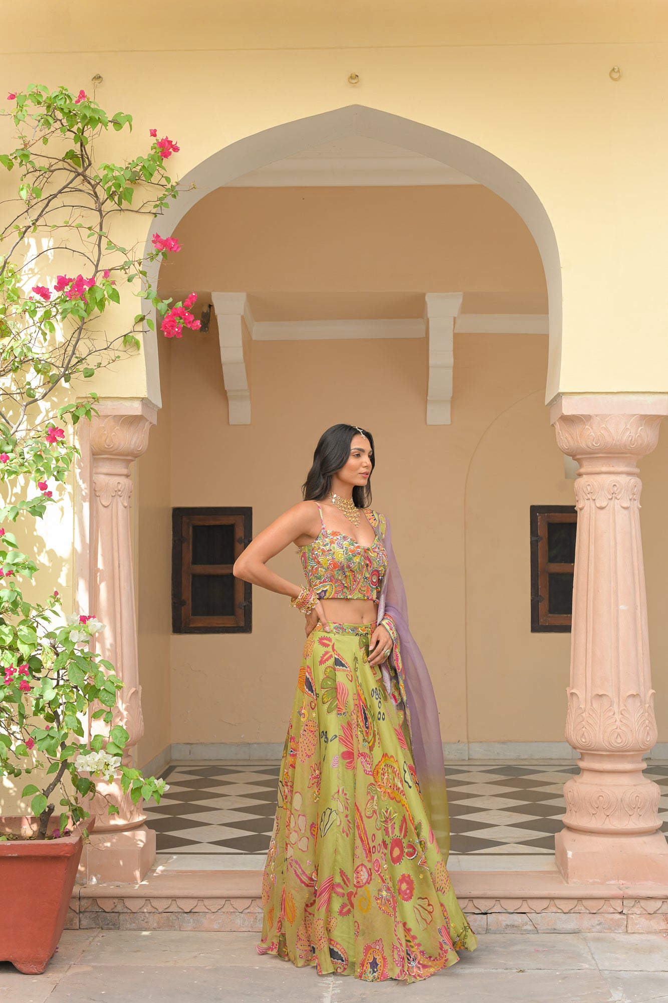 Olive Bloom Lehenga with Corset and Shaded Applique Dupatta