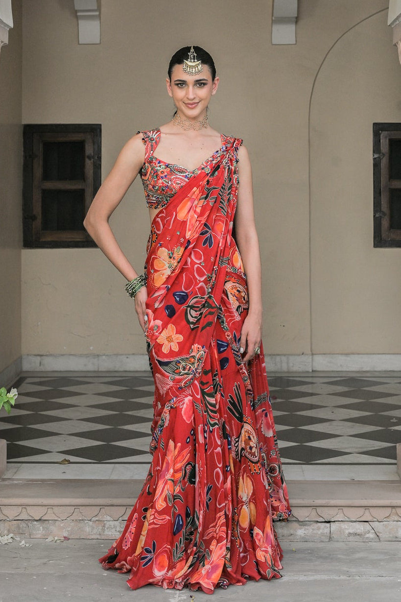 Scarlet Palla Prestitched Saree Paired with Blouse