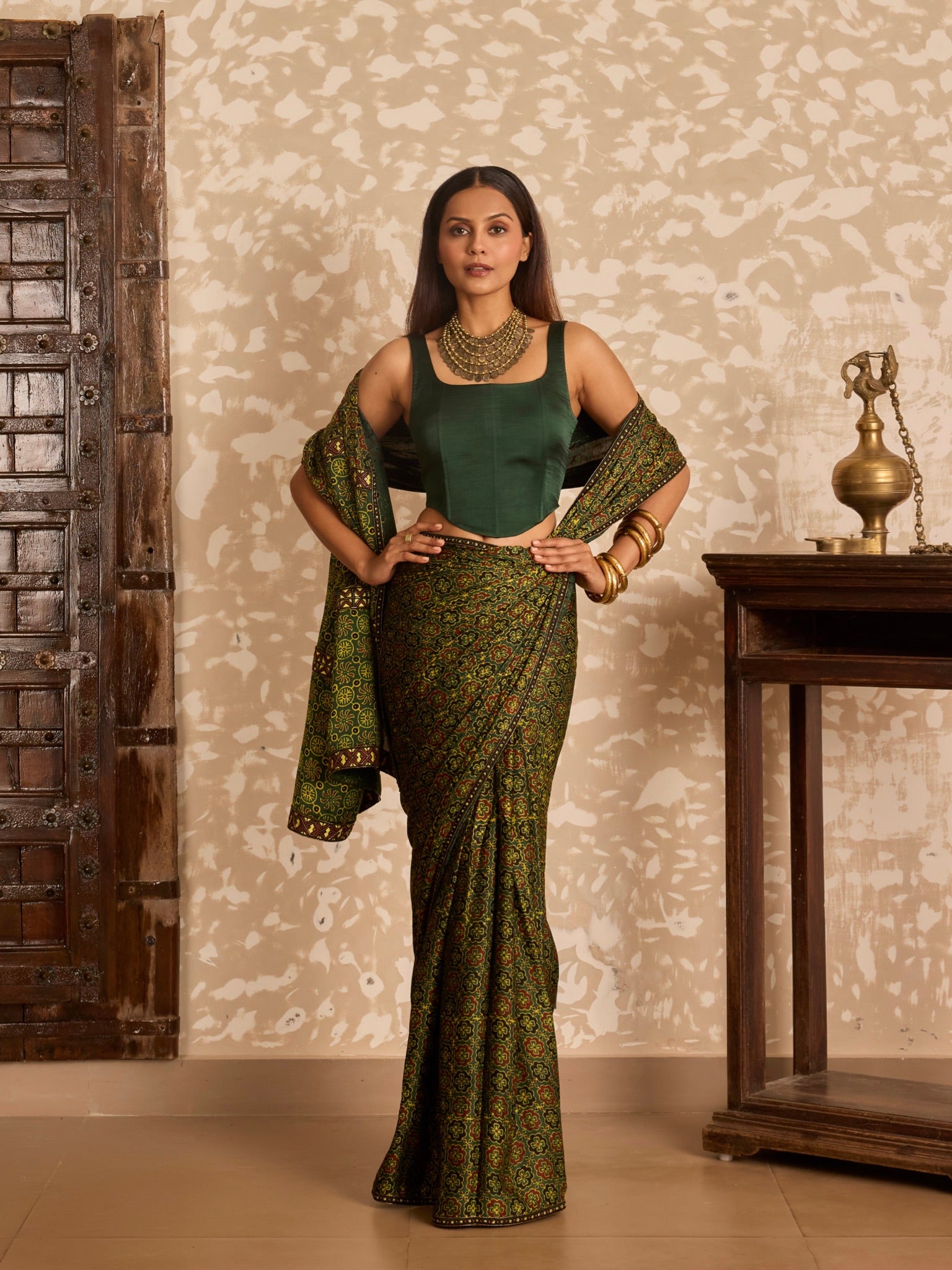 Ajrakh Corset blouse with saree