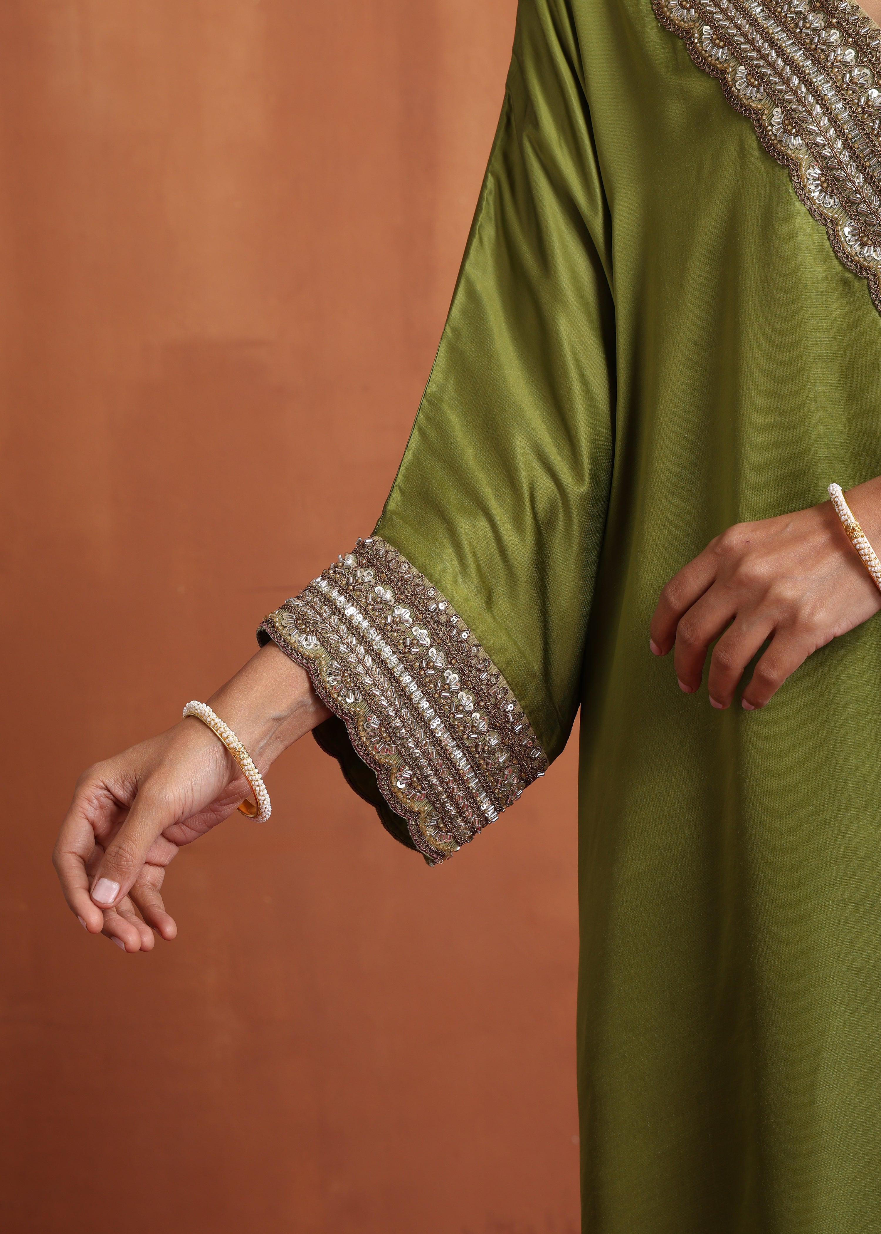 Aanchal Jain in Olive Green Hand embroidery Phiran Kurta Set