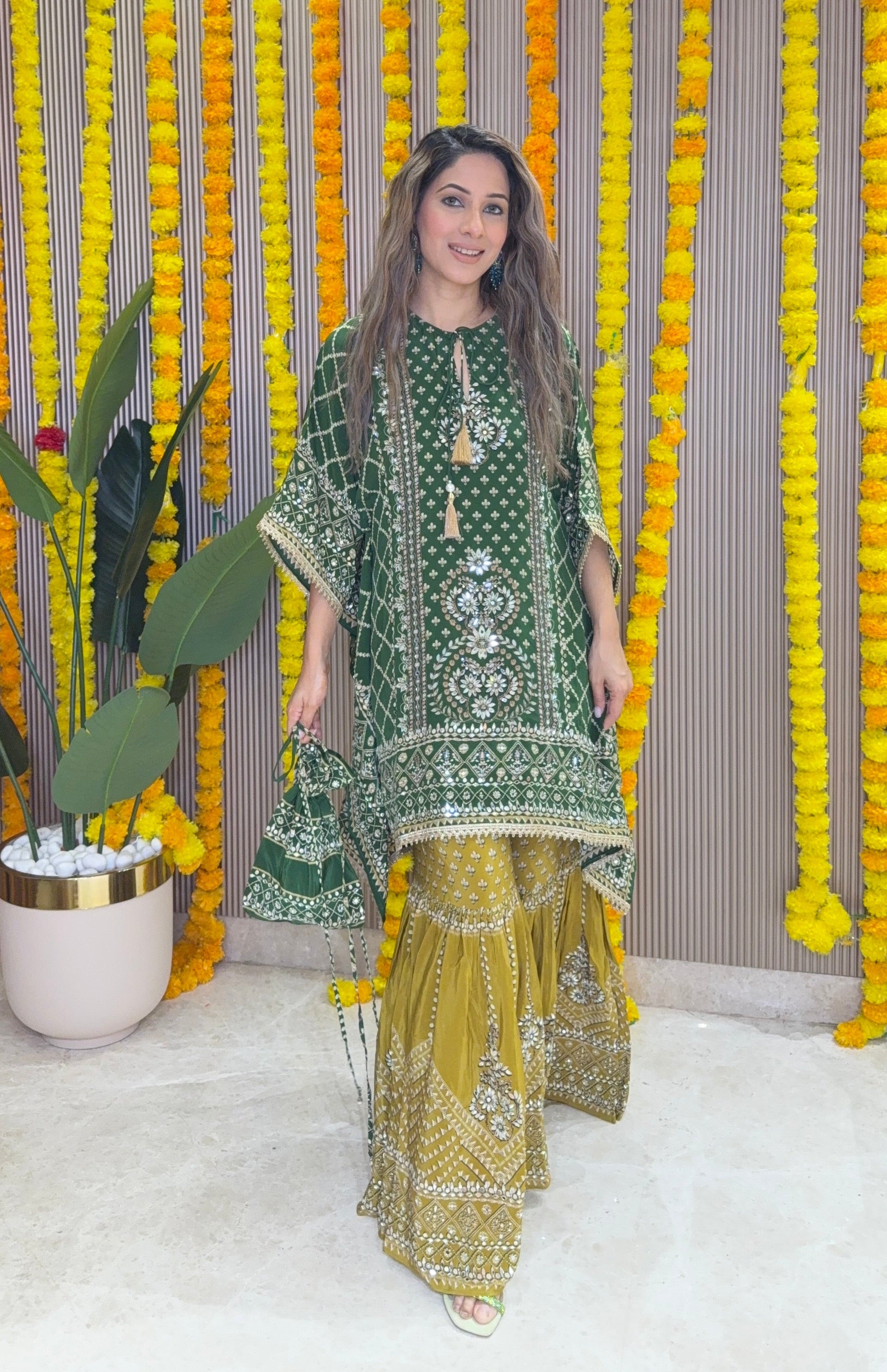 Son Chidhaiya Green-Mustard Kaftan Set