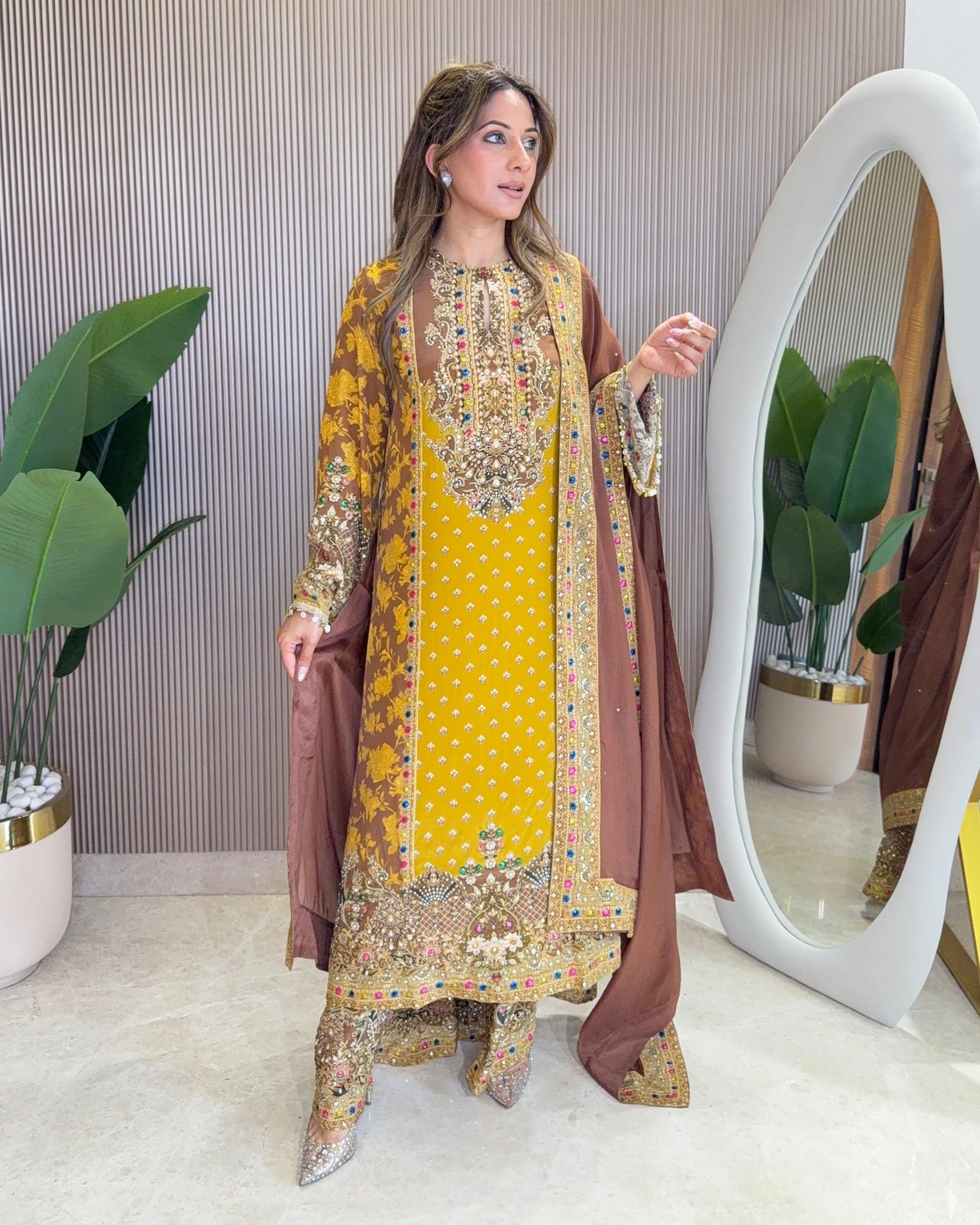 Rah Yellow - Brown A line Kurta with Palazzo & Dupatta