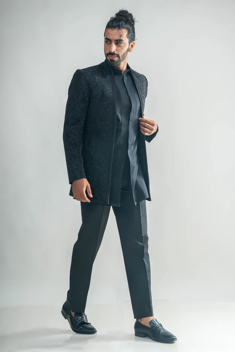 Black Embroidered Open Front Set