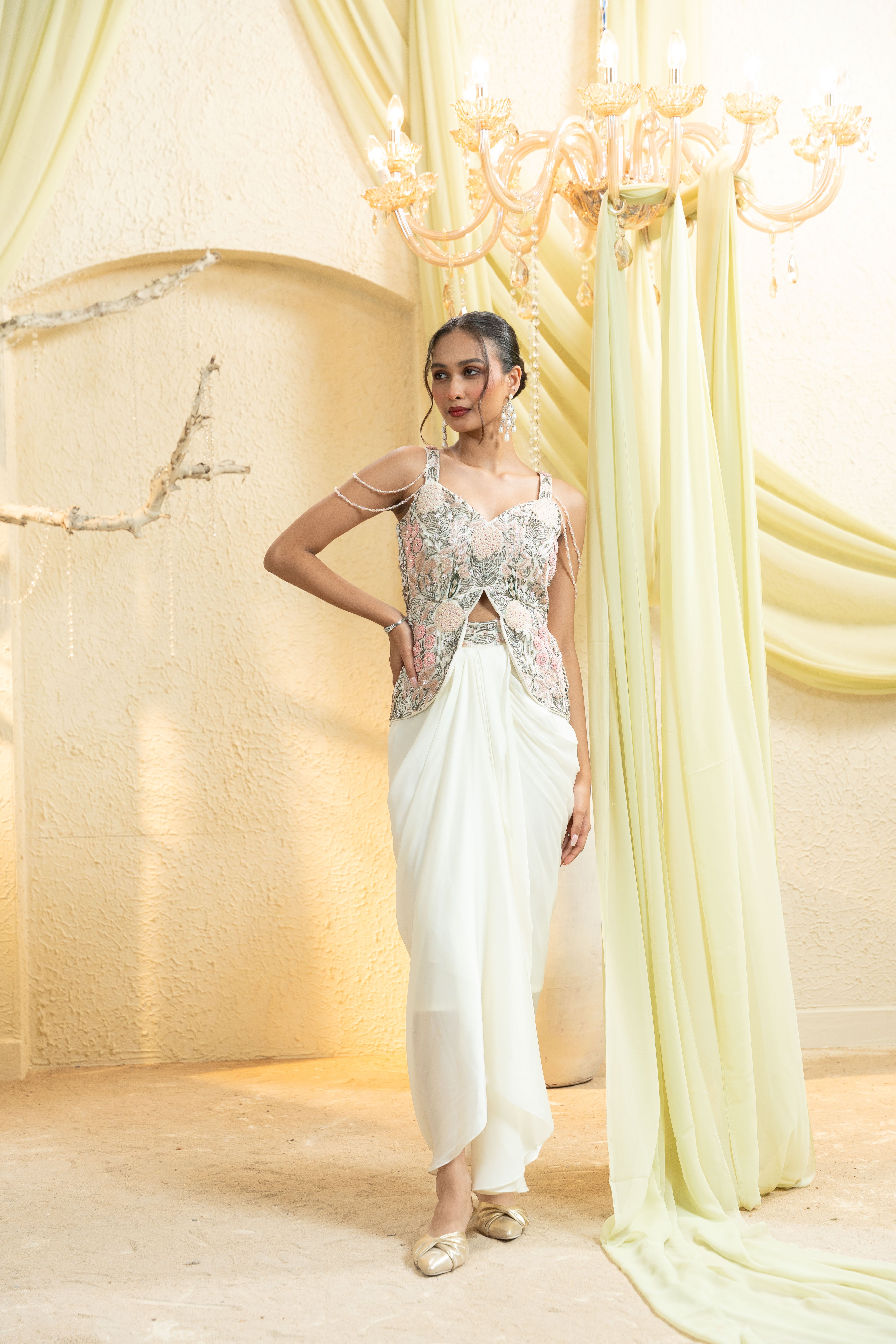 Swan White Hand-Embroidered Peplum Set