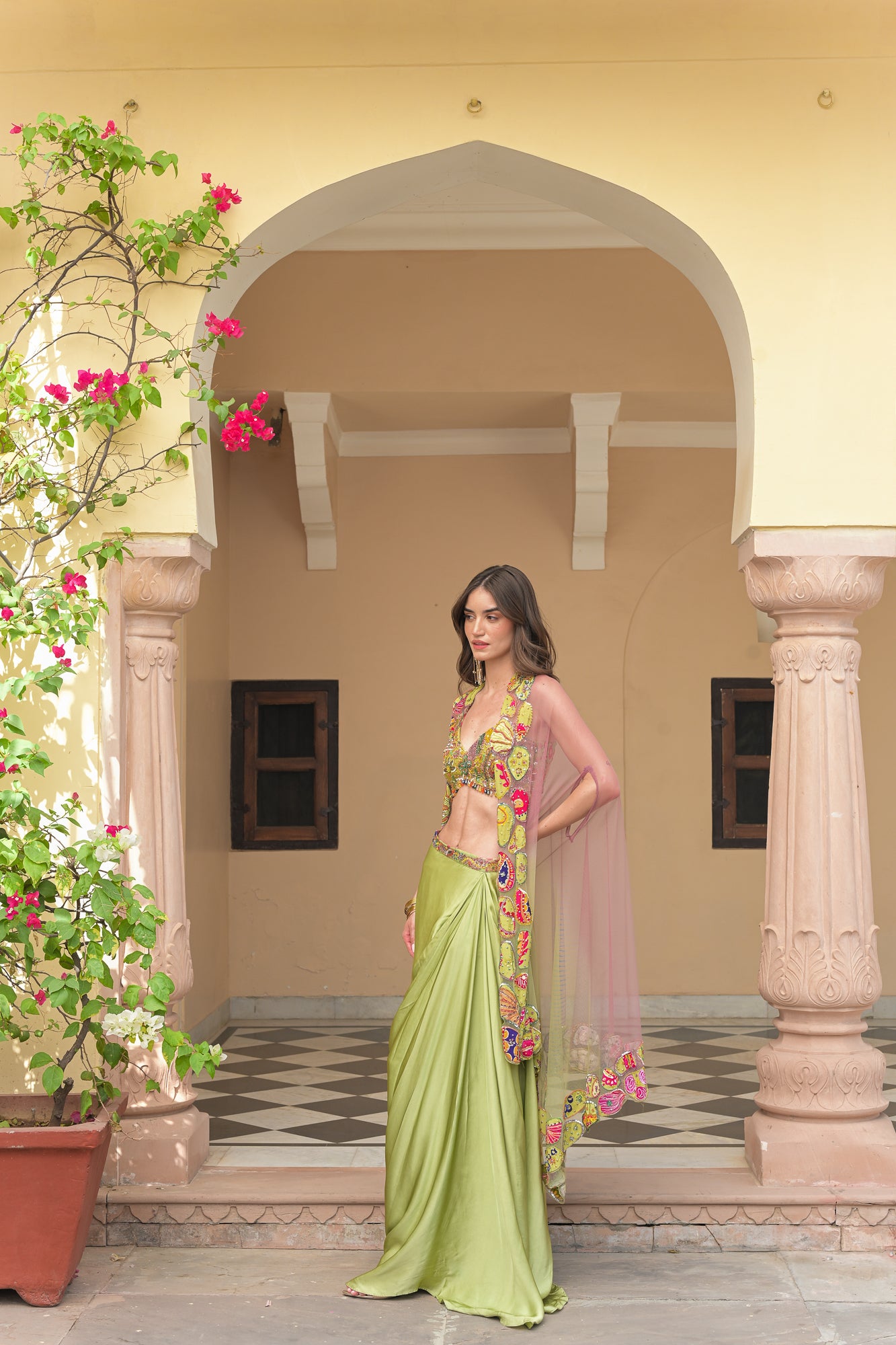 Olive Bloom Bralette with Cowl Skirt and Applique Cape Set