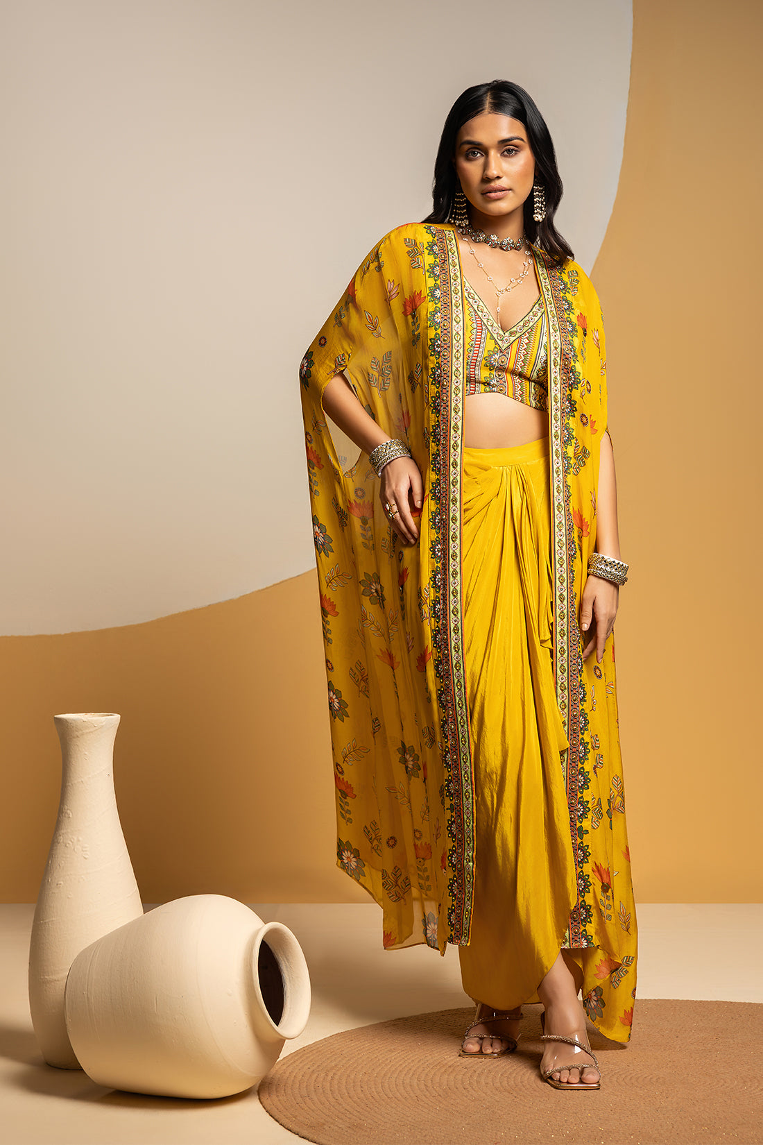 TAARANI YELLOW EMBELLISHED DRAPE SKIRT SET
