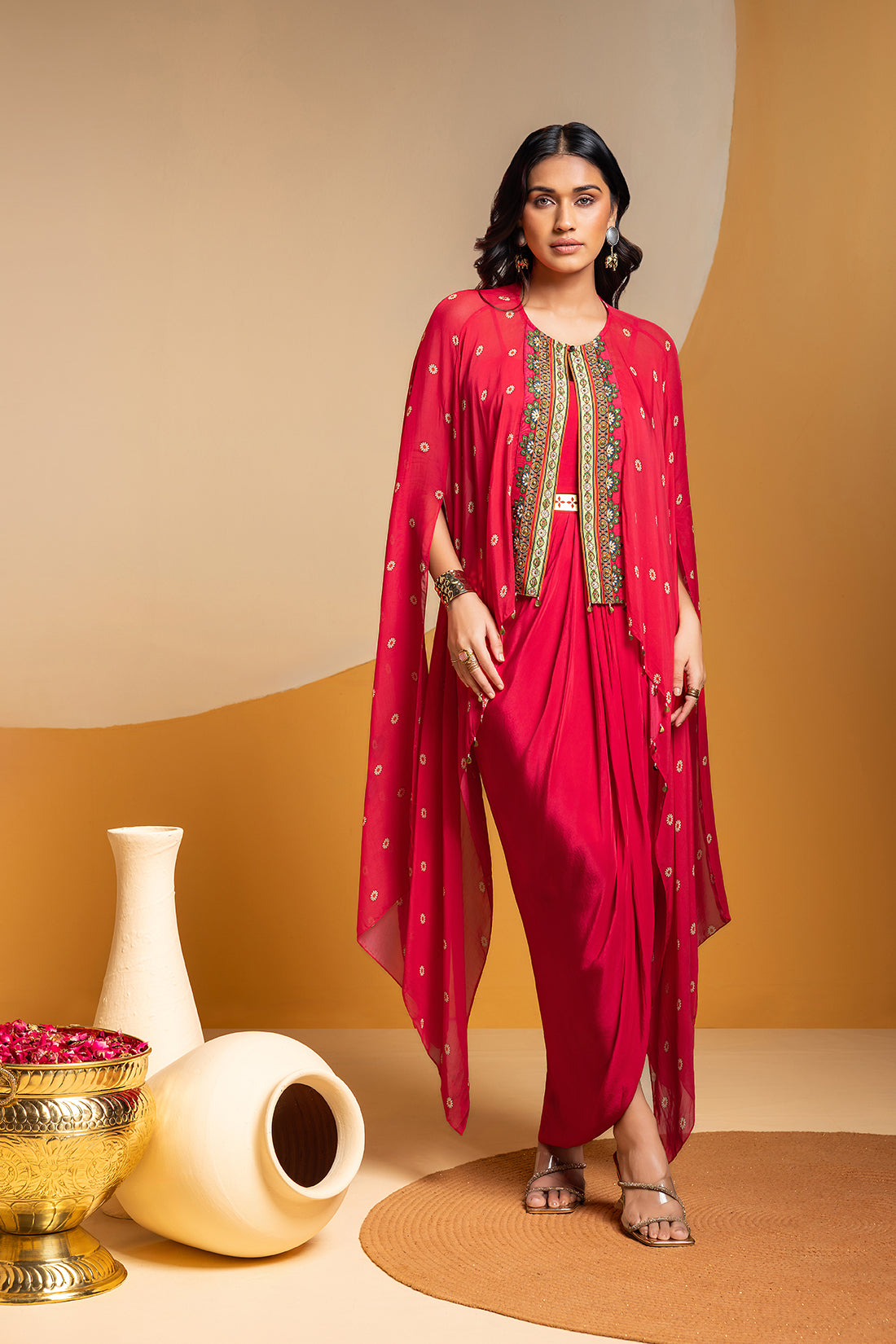 TAARANI PINK DRAPED DRESS WITH EMBROIDERED CAPE