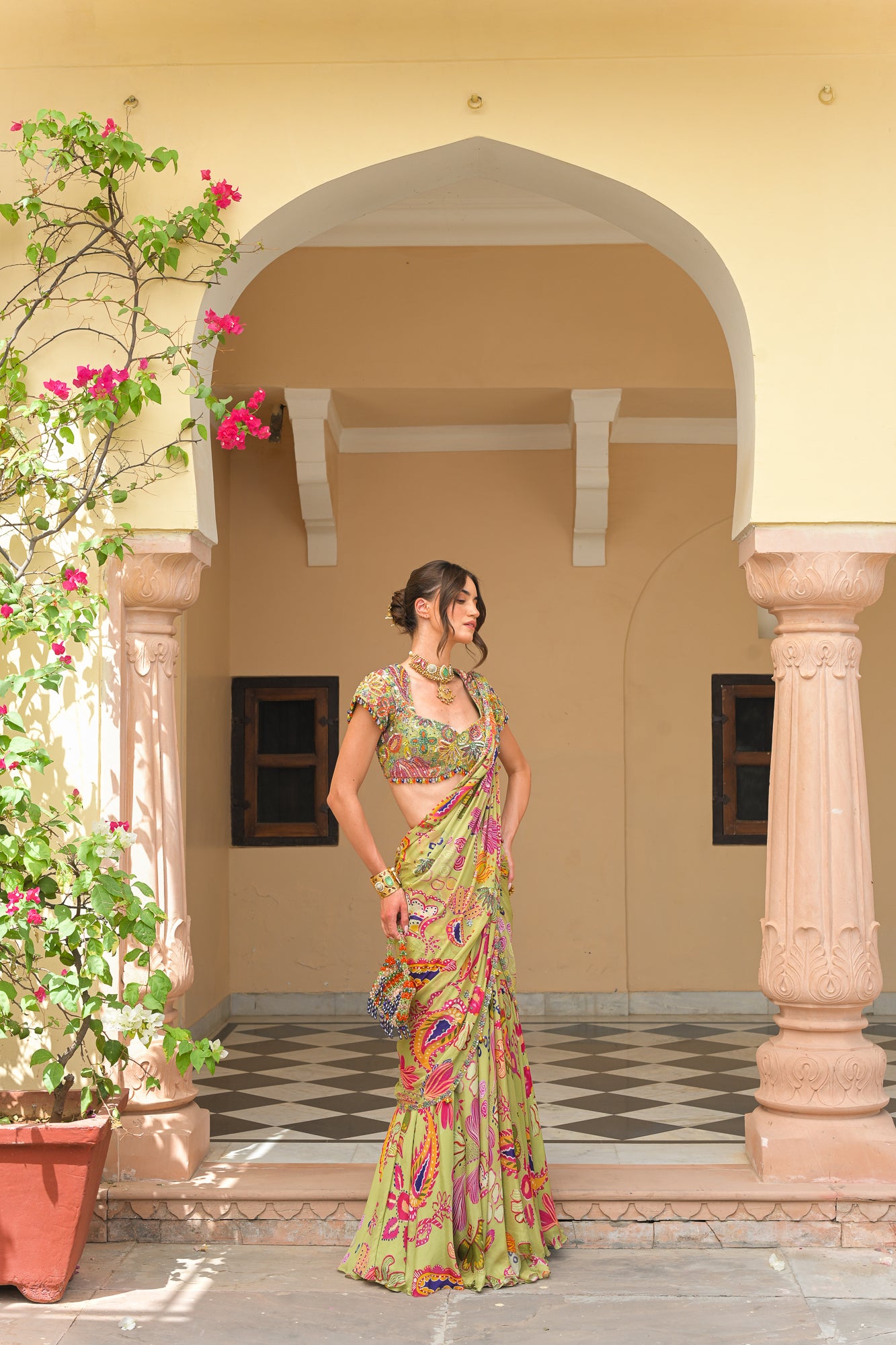 Olive Bloom Prestitched Highlight Saree with Highlight Blouse