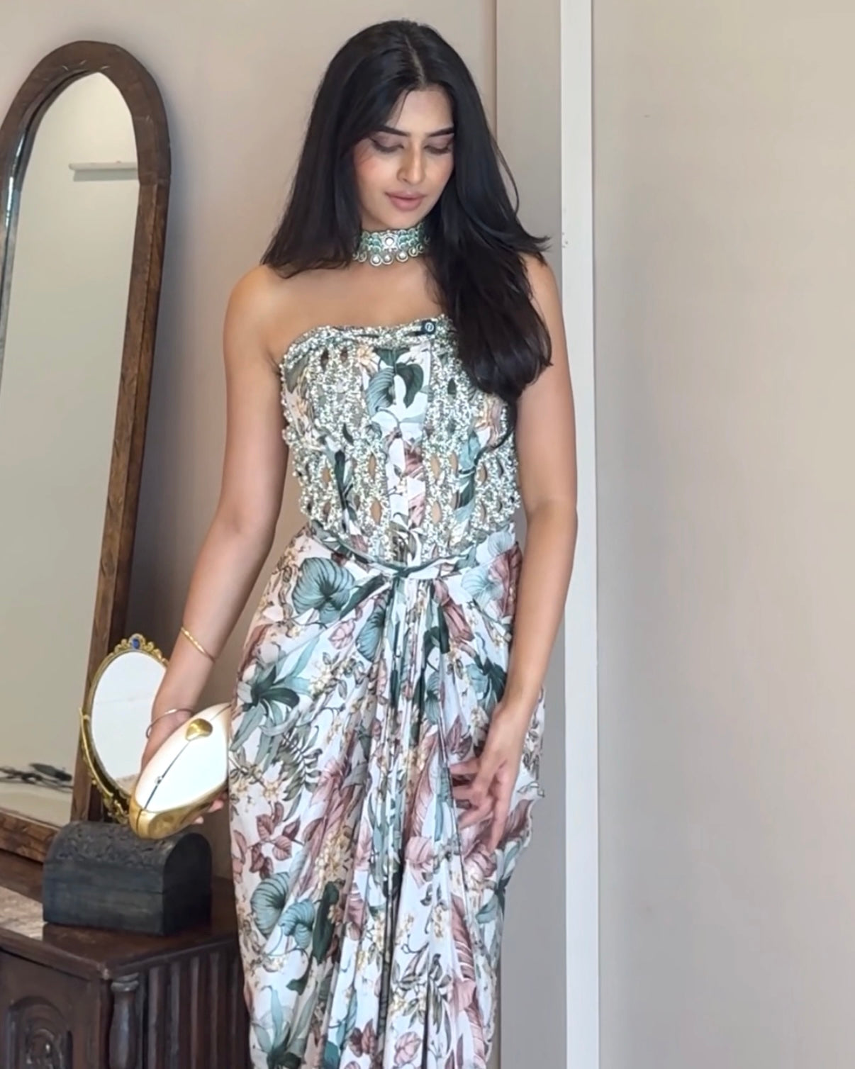 Muted Garden Corset with Drape Skirt Set