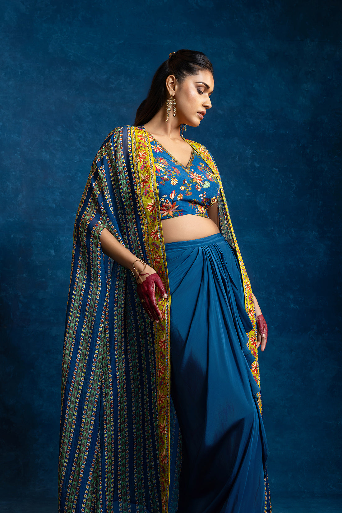 AARANI BLUE EMBELLISHED DRAPE SKIRT SET