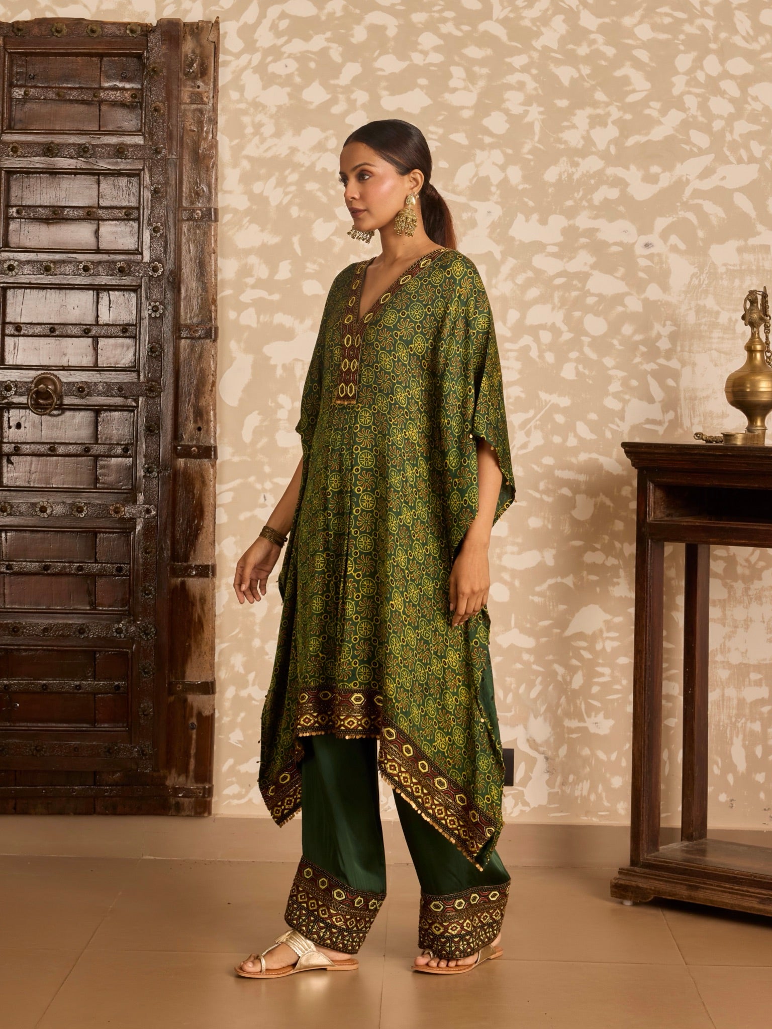 Ajrakh Green Kaftan with Pants