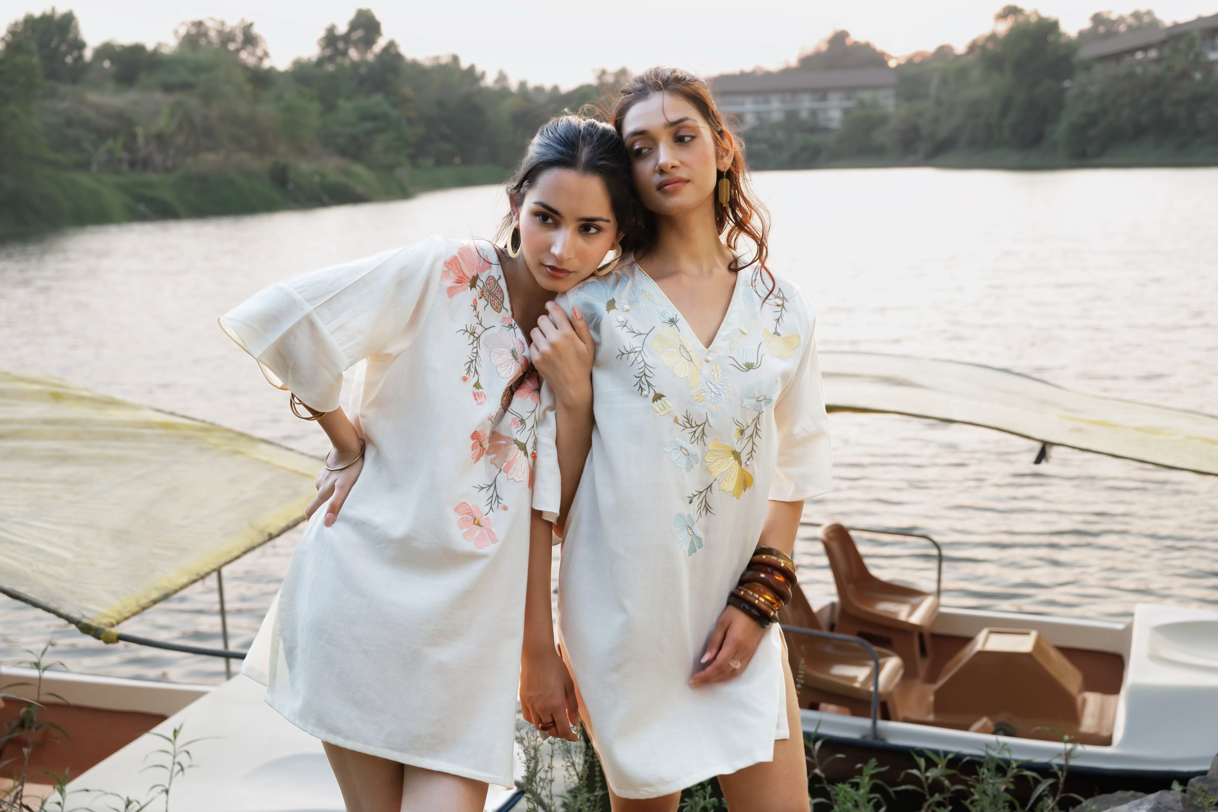 Floral Embroidered Short Kaftan Dress