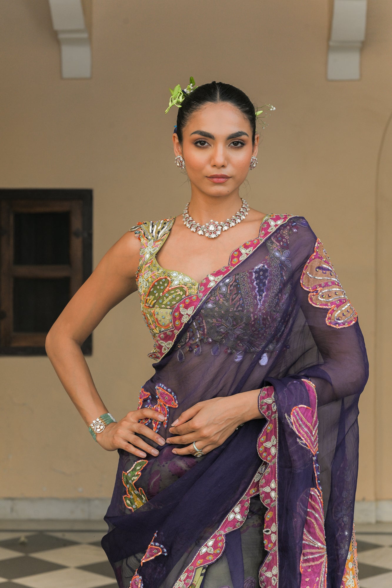Violet & Olive Dual Saree Set with Patch Palla Mirror Work Highlight Blouse