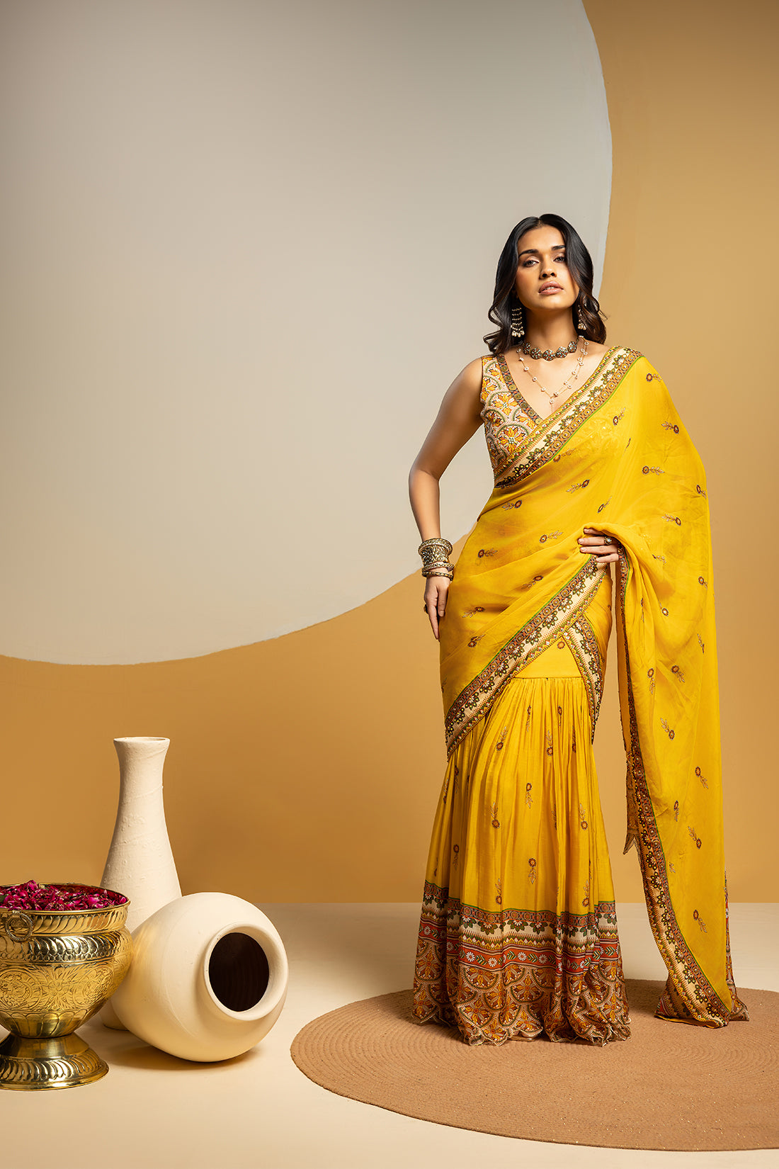 TAARANI YELLOW EMBELLISHED PRE STITCHED SAREE SET