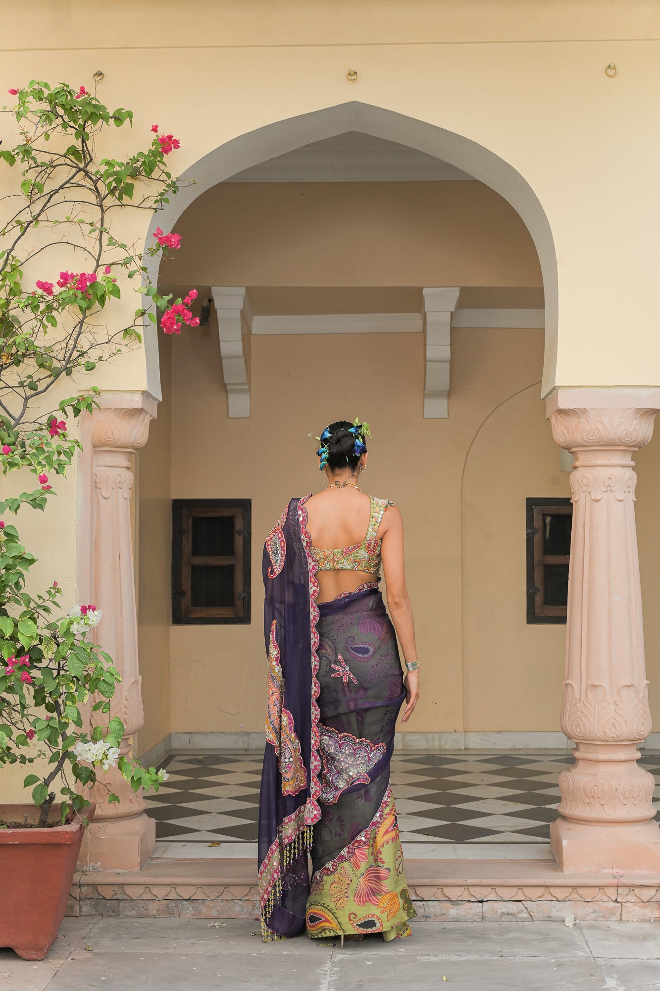 Violet & Olive Dual Saree Set with Patch Palla Mirror Work Highlight Blouse