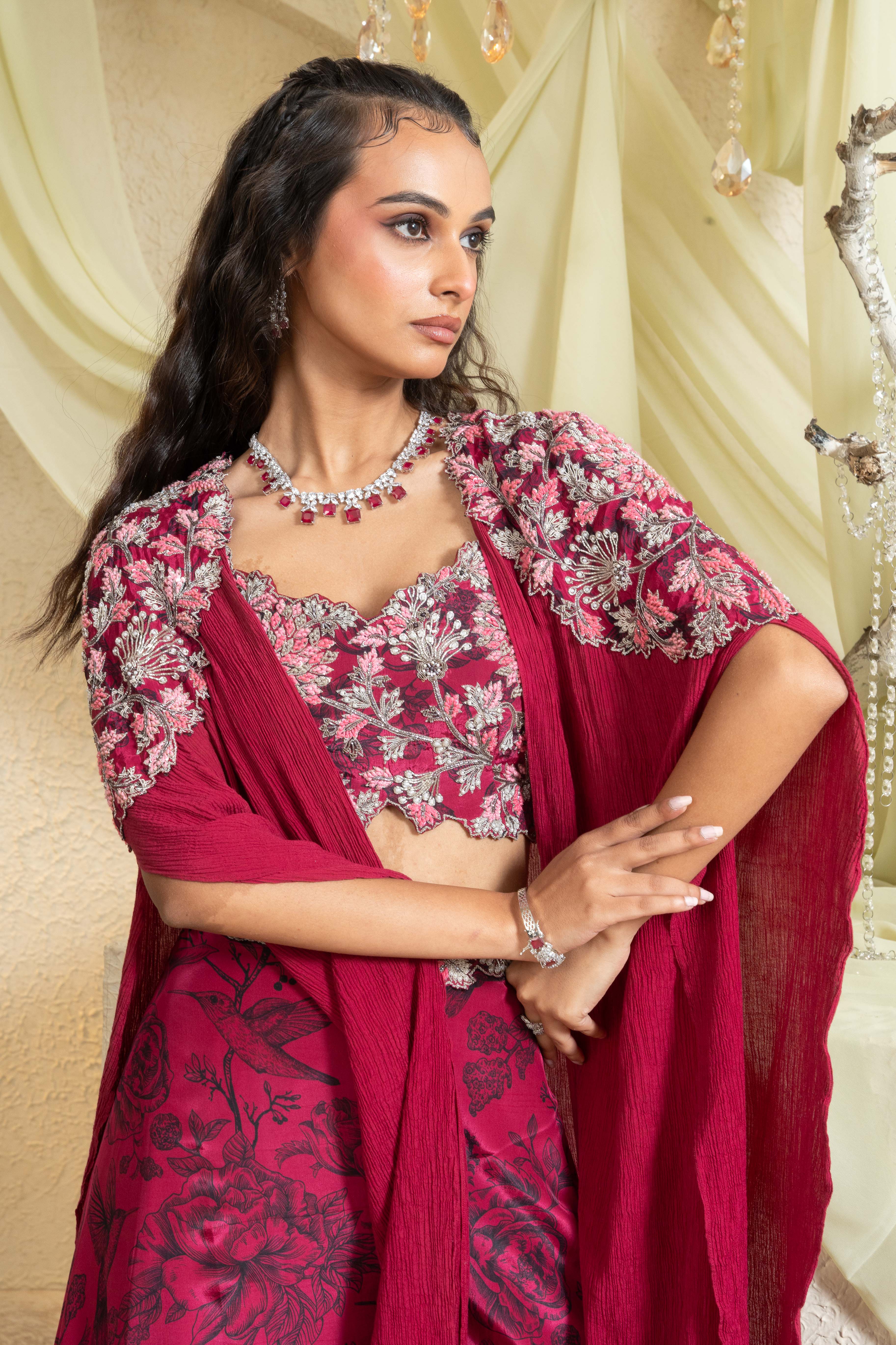 Shadow Rose Hand-Embroidered Wide Legged Pant with Cape