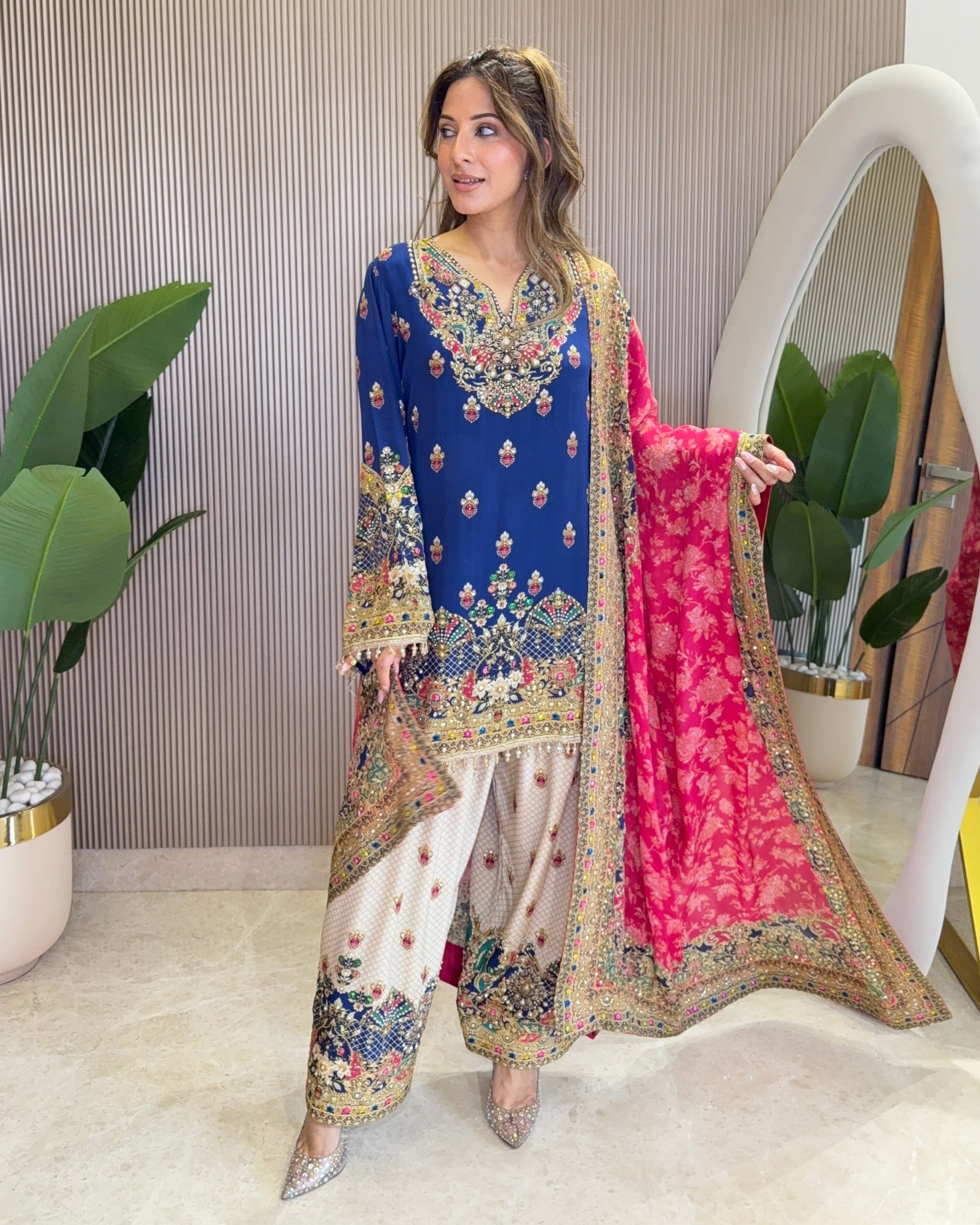 Rah Off White - Blue Kurti with Farshi Salwar & Dupatta