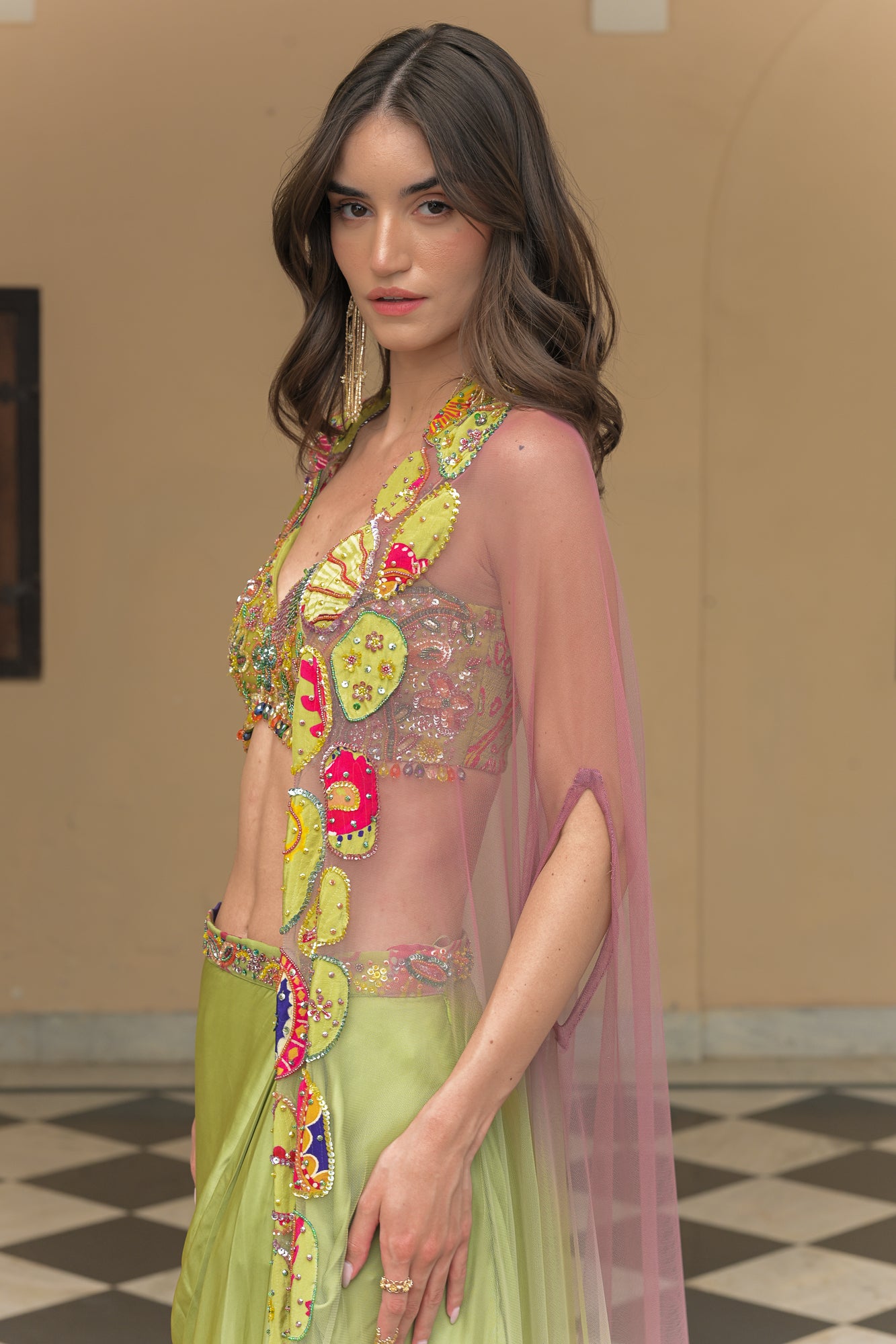 Olive Bloom Bralette with Cowl Skirt and Applique Cape Set