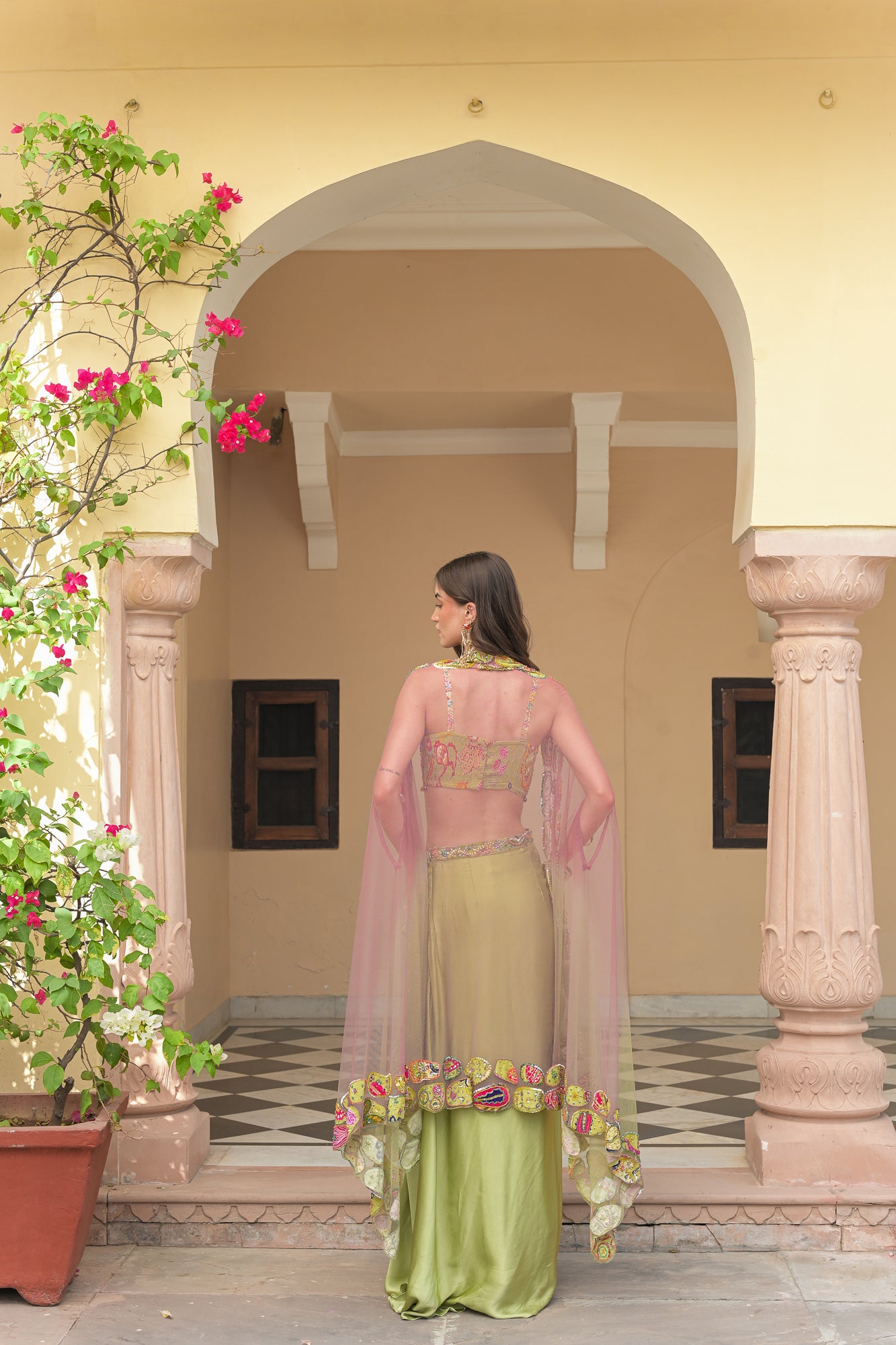 Olive Bloom Bralette with Cowl Skirt and Applique Cape Set