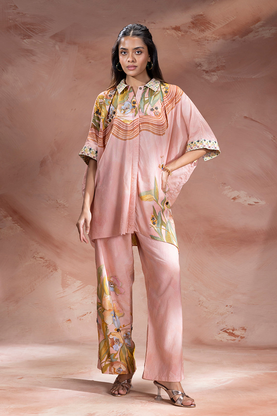 ZEYA PINK EMBELLISHED KIMONO TUNIC AND PANTS