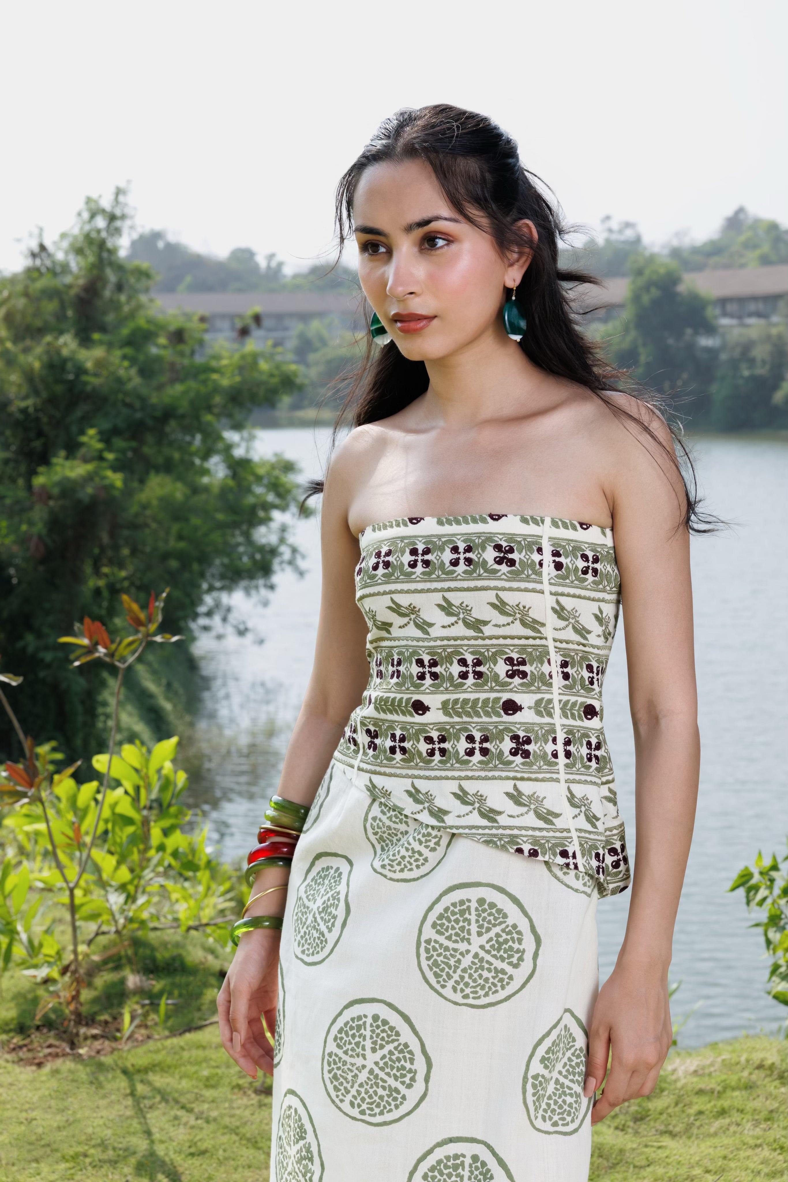 Embroidered Tube Maxi Dress with Ruched Back