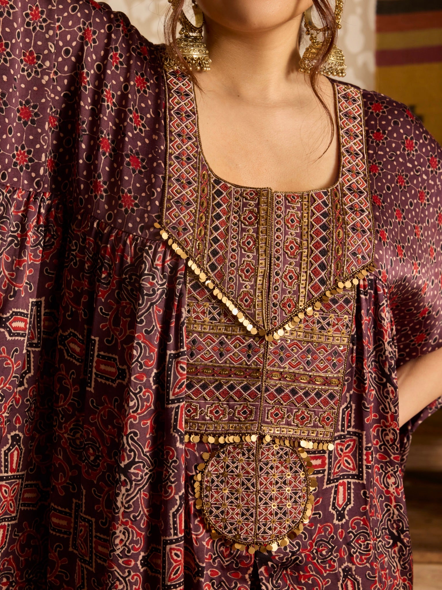 Ajrakh Red Short Kaftan Set